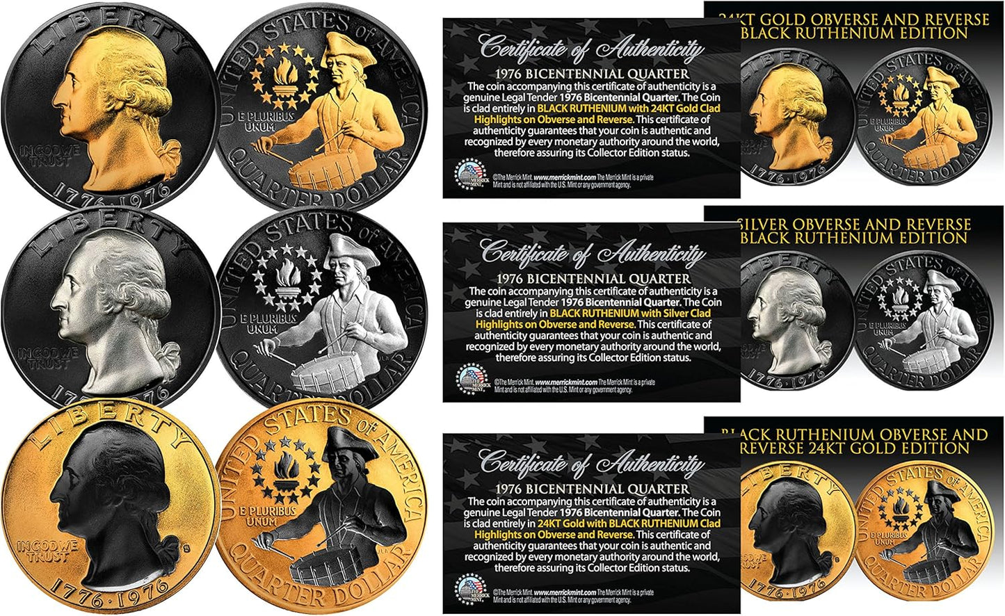 1976 Genuine Bicentennial Quarters Set of 3 Rare Metal Versions