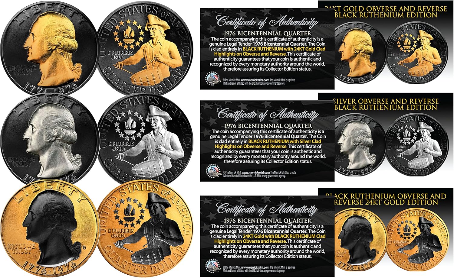 1976 Genuine Bicentennial Quarters Set of 3 Rare Metal Versions