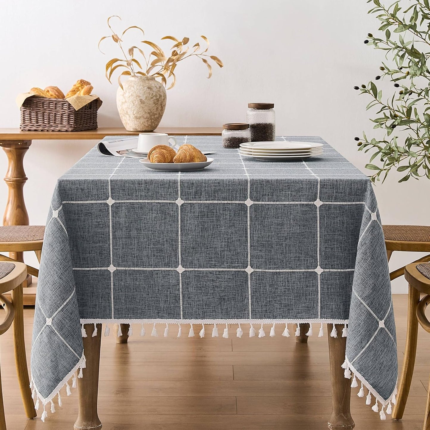 Boho Grid Table Cloth with Tassels - Heavy Weight Linen Style