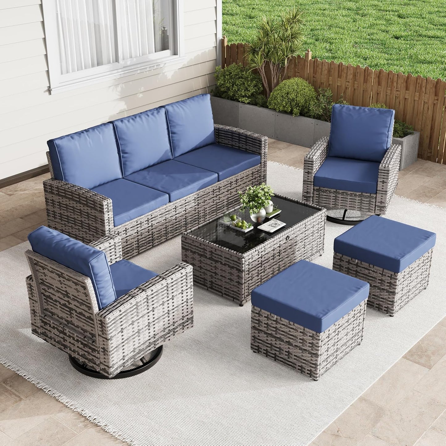 6 Piece Outdoor Patio Furniture Set with Swivel Chairs and Ottomans