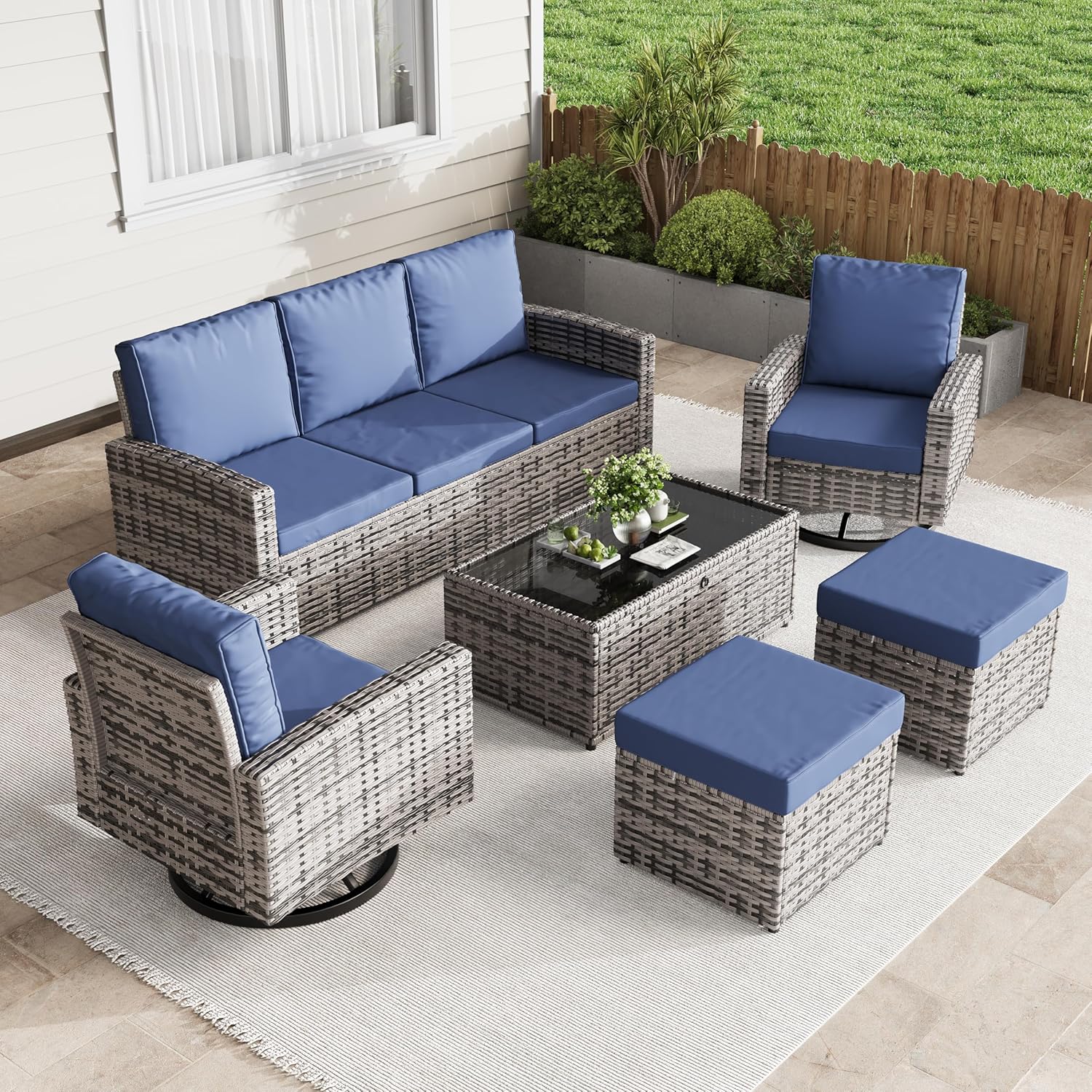 6 Piece Outdoor Patio Furniture Set with Swivel Chairs and Ottomans
