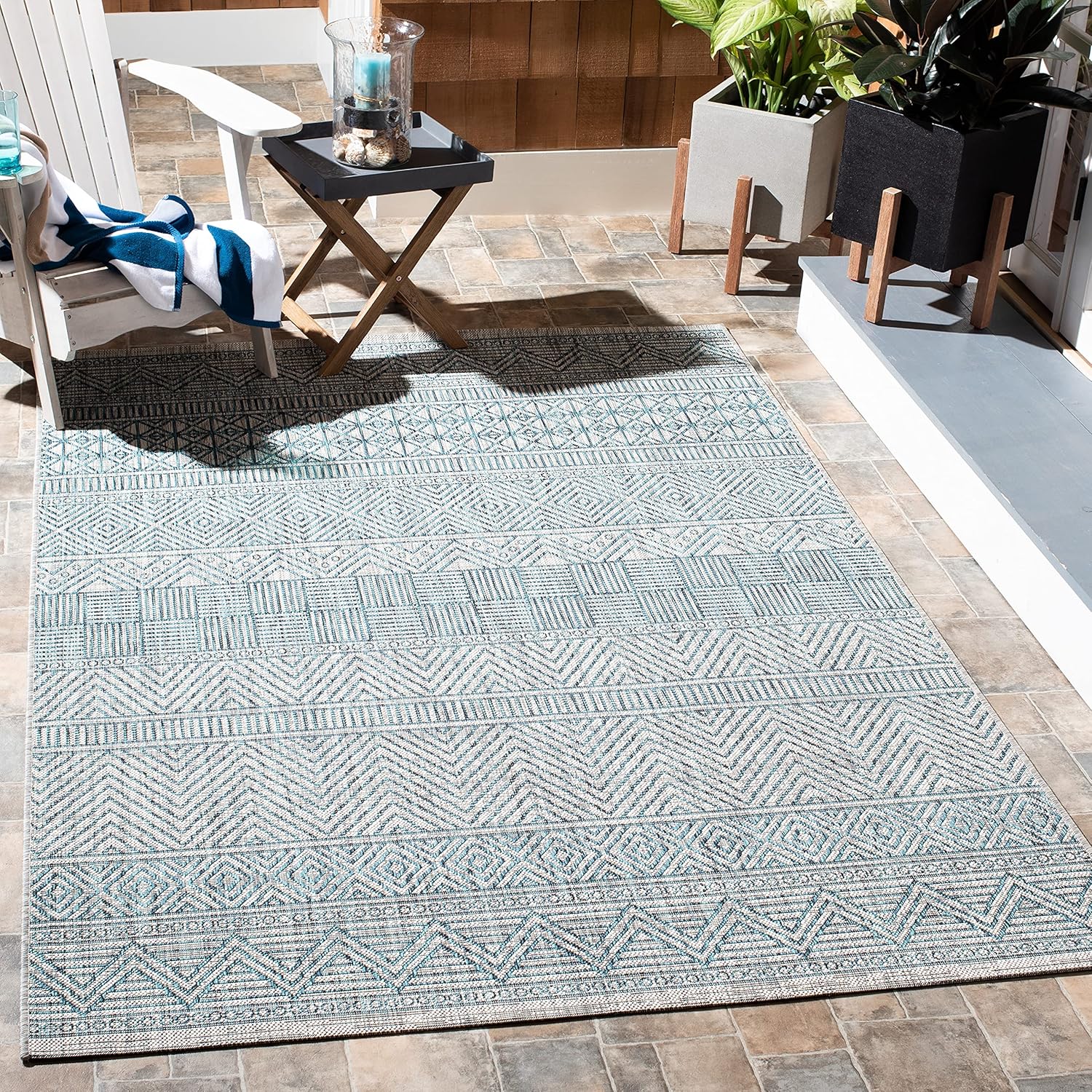 SAFAVIEH Courtyard Collection 9ft x 12ft Grey / Teal Area Rug