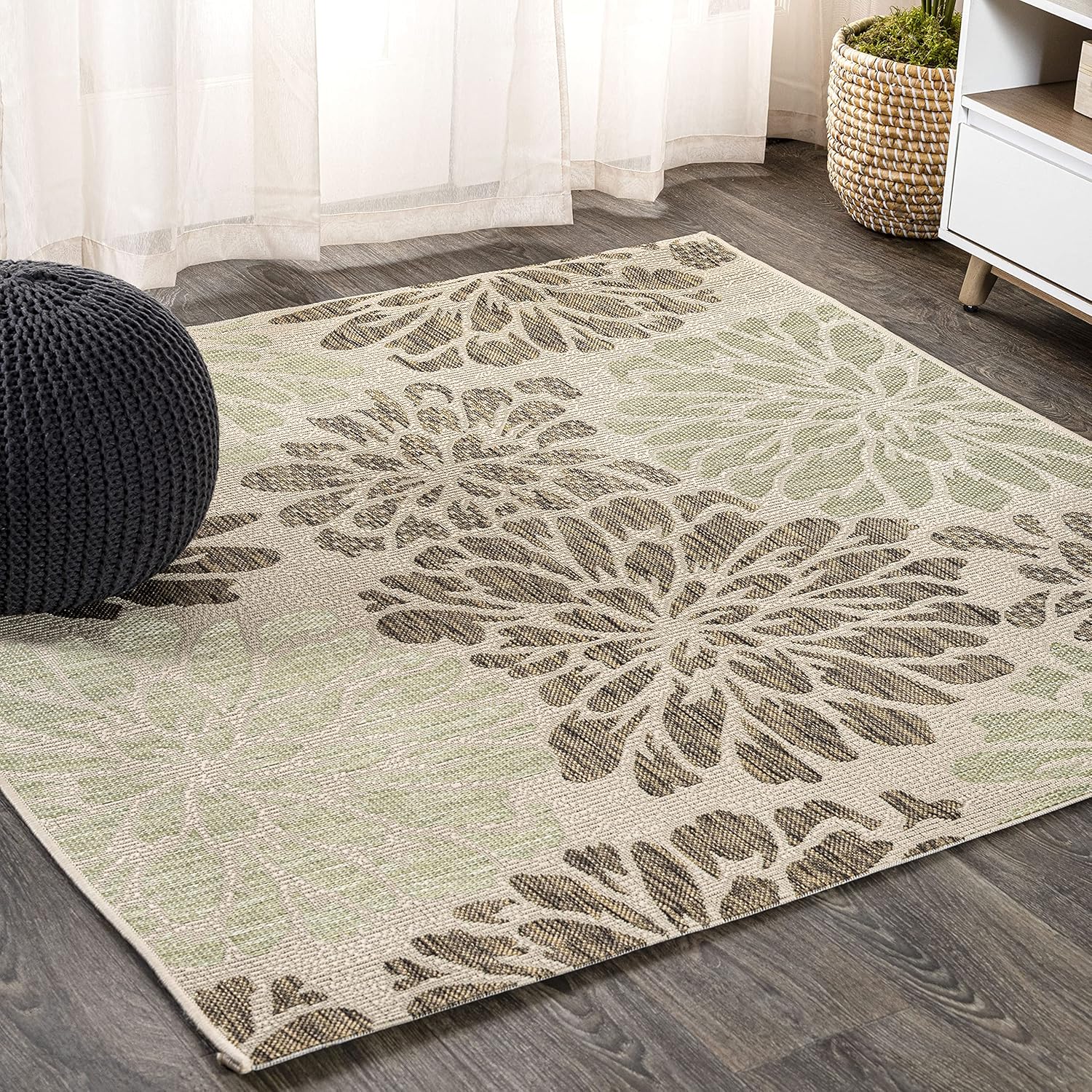 Floral Textured Weave Indoor Outdoor Square Area Rug 5X5 Sage/Brown