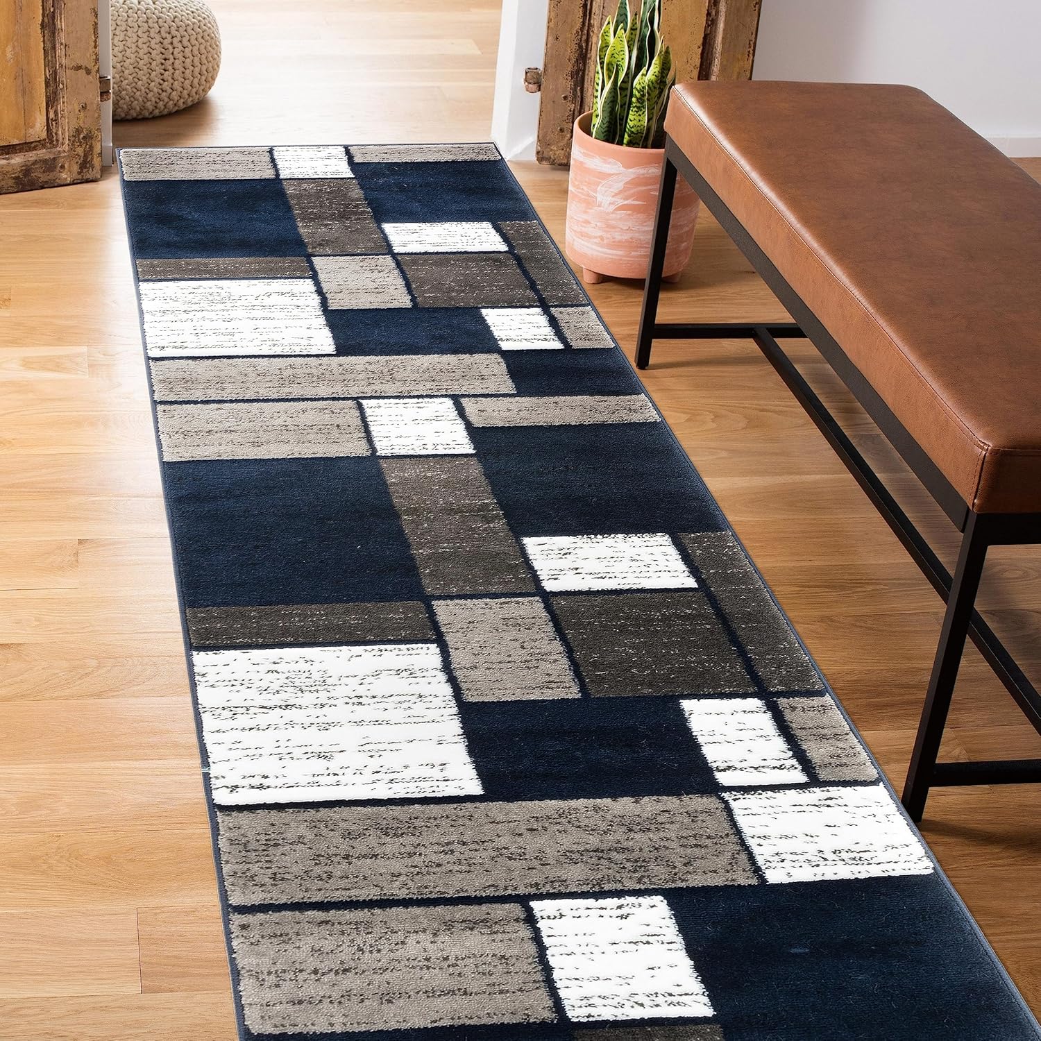 Modern Geometric Boxes Navy Area Rug for Hallway and Entryway
