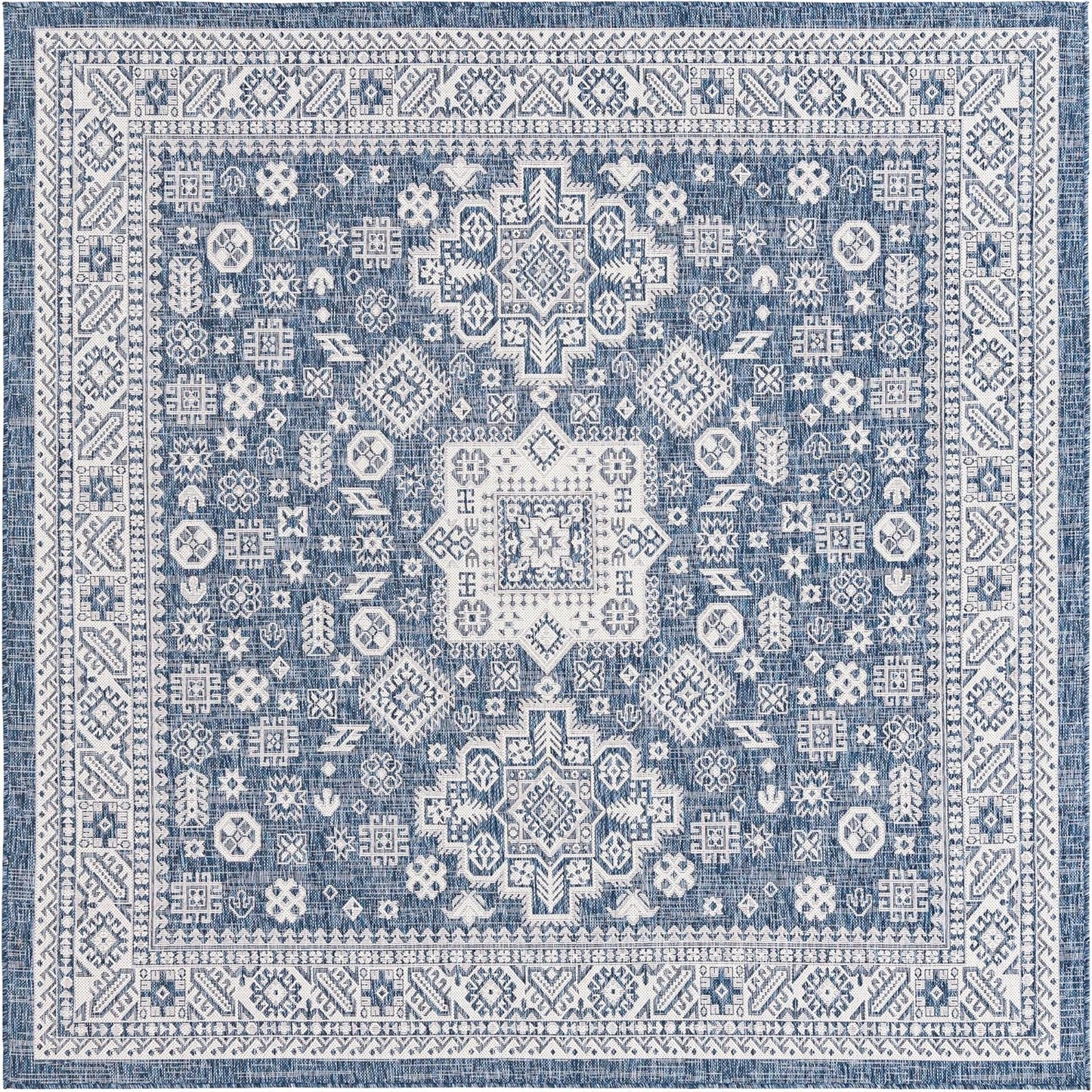 Outdoor Aztec Collection Rug 10 Ft Square Blue Flatweave Rug