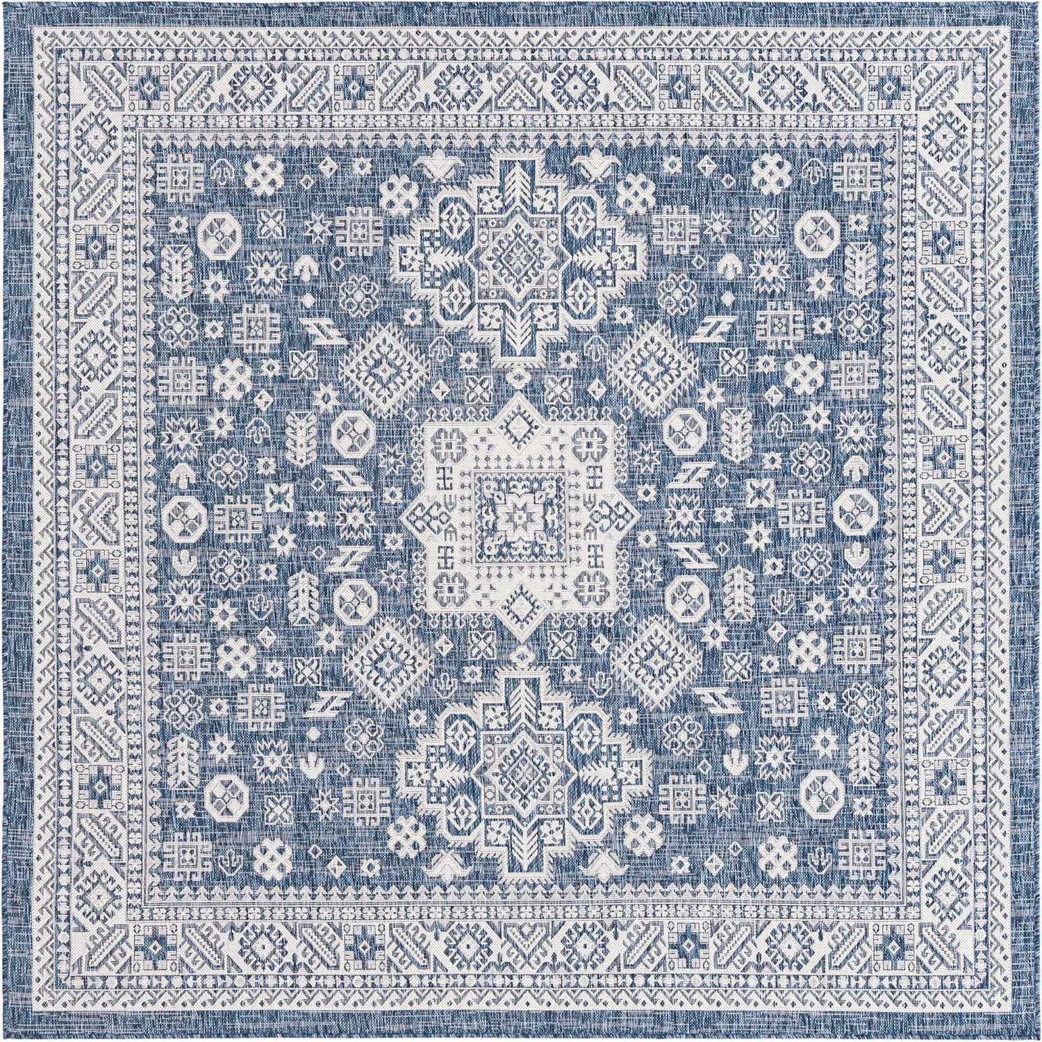 Outdoor Aztec Collection Rug 10 Ft Square Blue Flatweave Rug