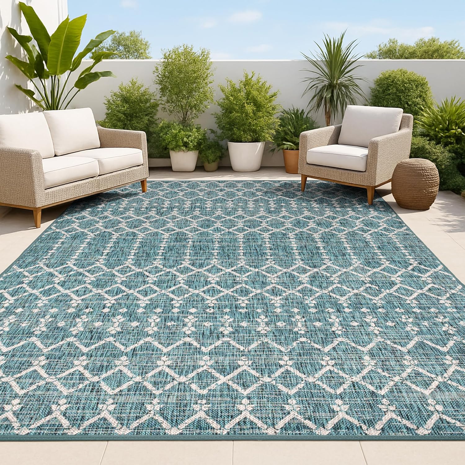 Moroccan Geometric Indoor Outdoor Area Rug 8X10 Teal/Gray