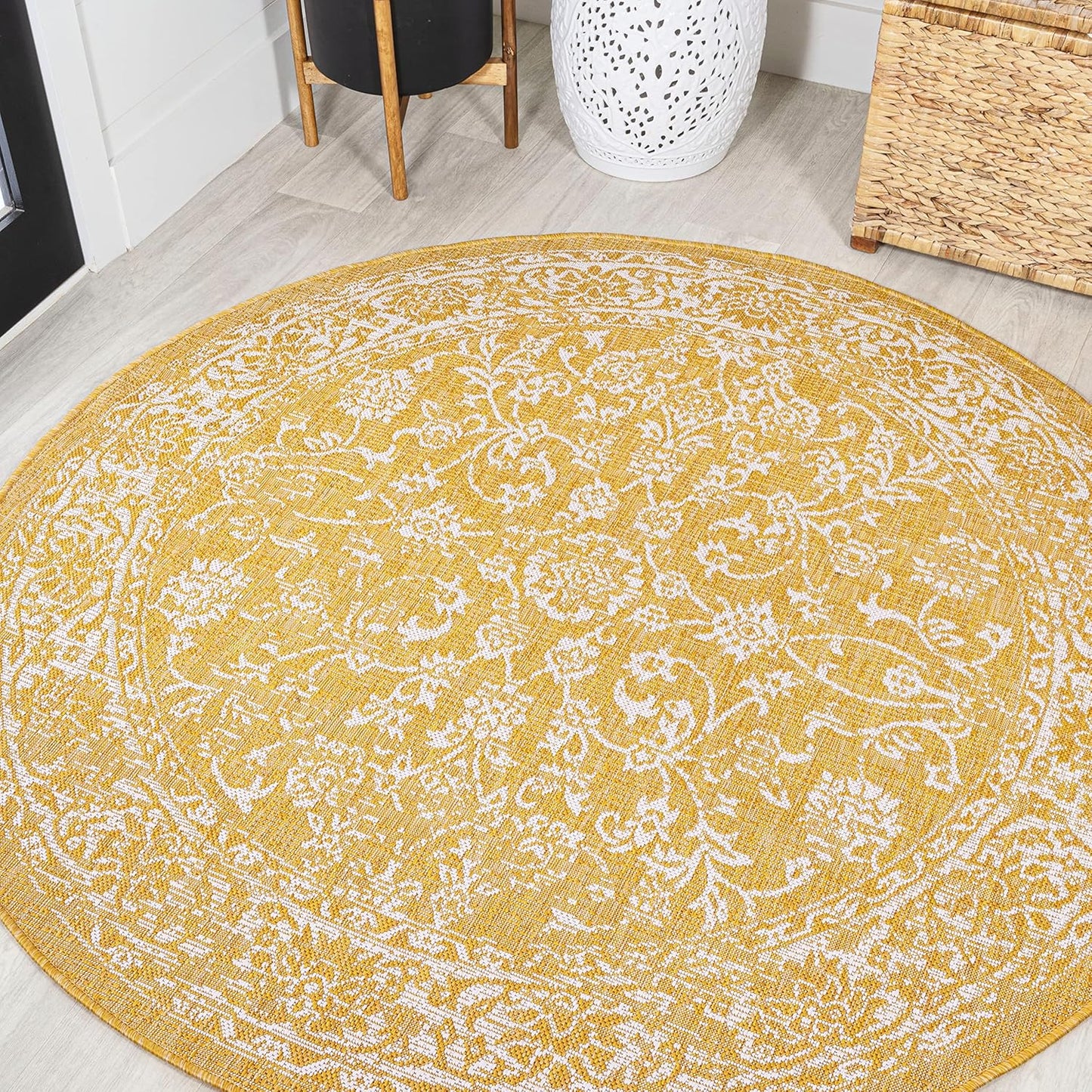 Weave Floral Indoor Outdoor Round Area Rug 5 Ft Yellow/Cream