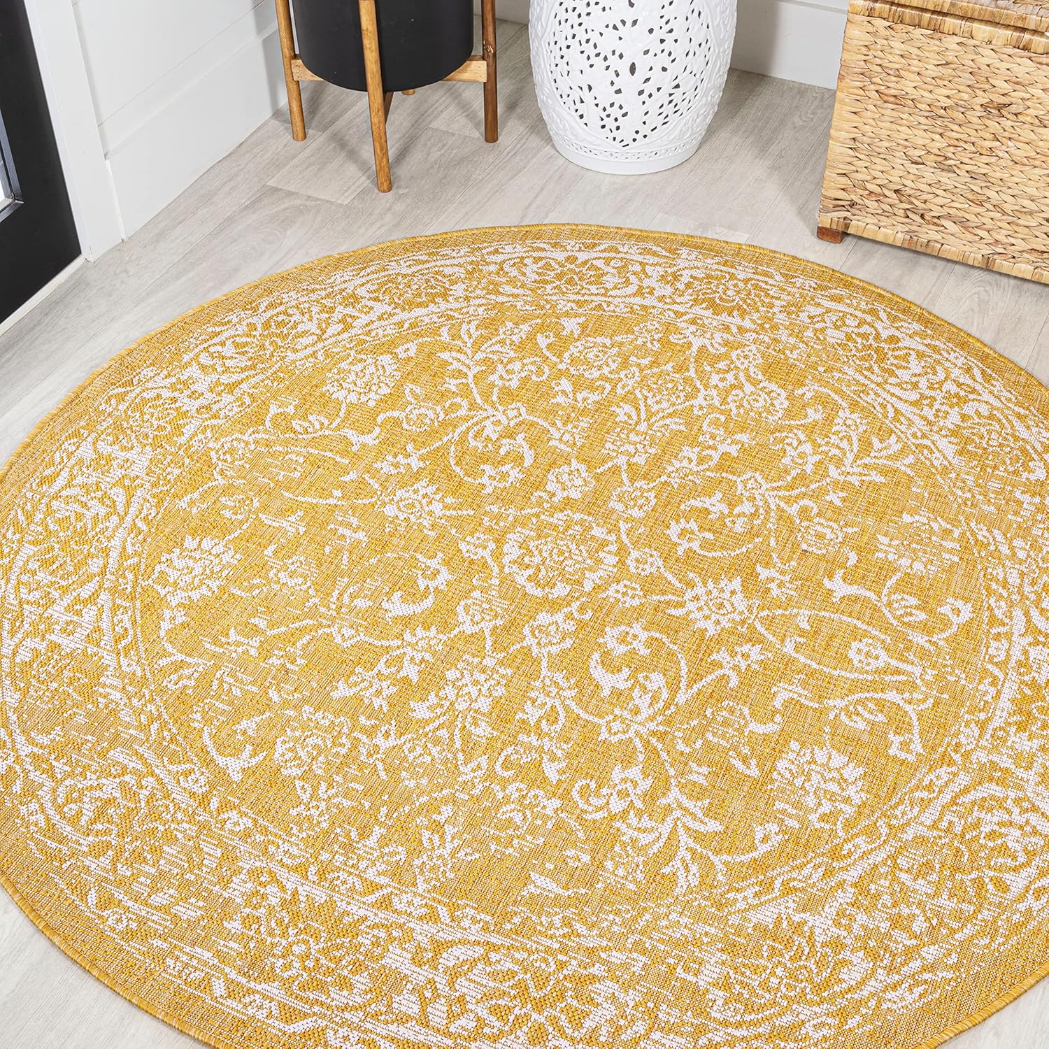 Weave Floral Indoor Outdoor Round Area Rug 5 Ft Yellow/Cream