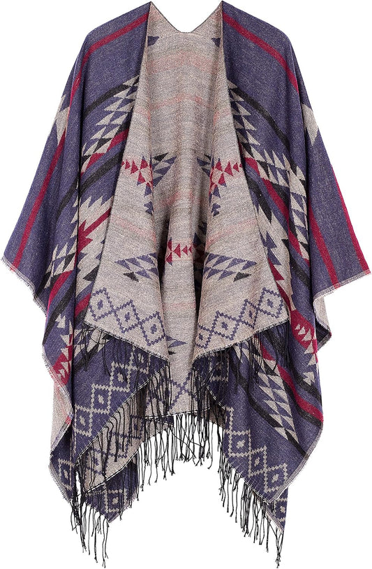 Urban CoCo Women's Printed Tassel Open Front Poncho Cape Wrap