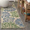 Floral Textured Weave Indoor Outdoor Runner Rug 2x8 - Navy Green