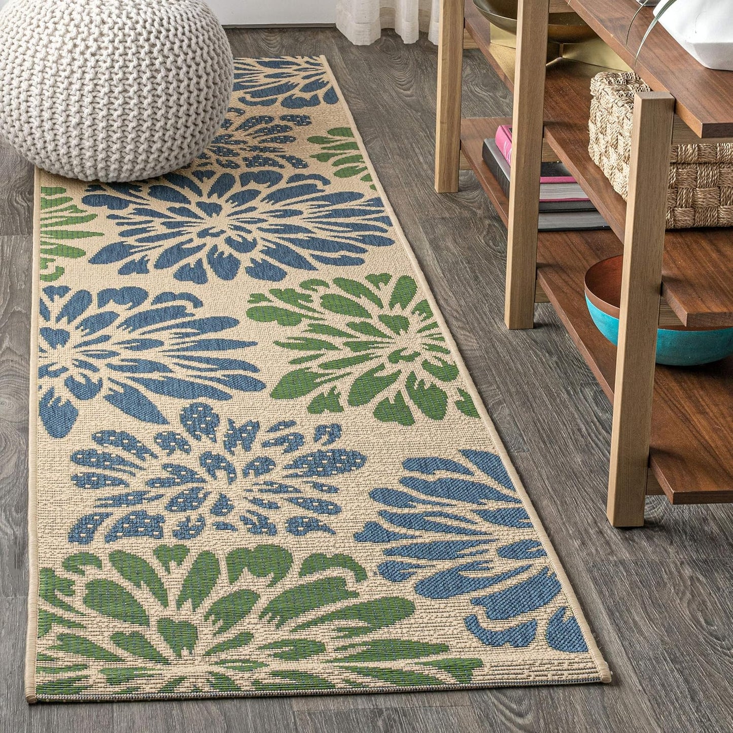 Floral Textured Weave Indoor Outdoor Runner Rug for High Traffic