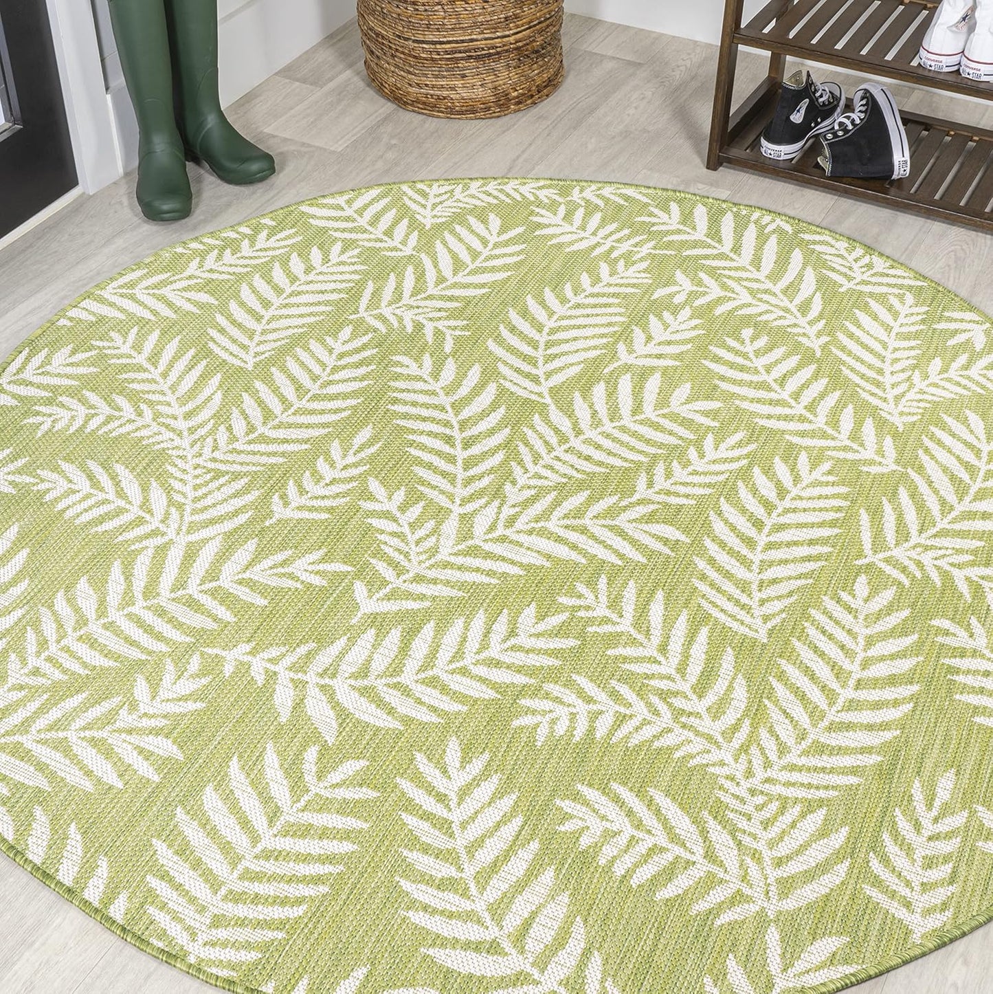 JONATHAN Y Palm Frond Indoor Outdoor Round Area Rug 5 Ft Green