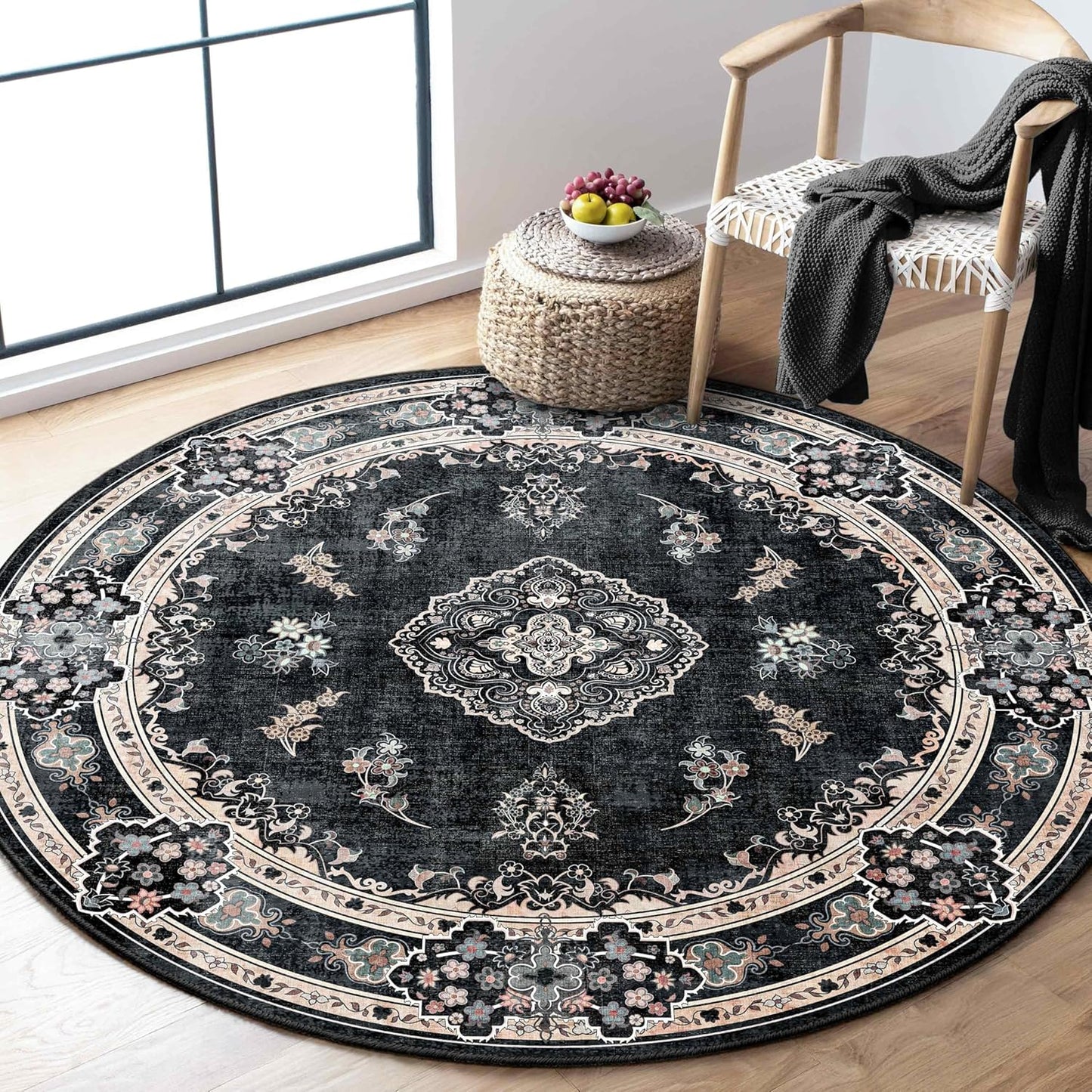 MUJOO Black Round Rug 4ft for Vintage Bohemian Home Decor