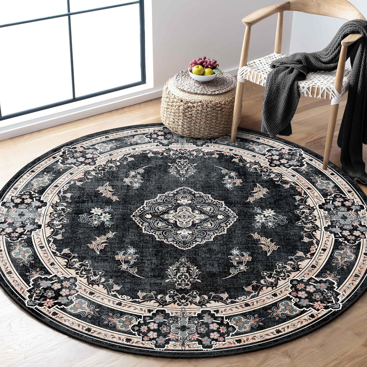 MUJOO Black Round Rug 4ft for Vintage Bohemian Home Decor