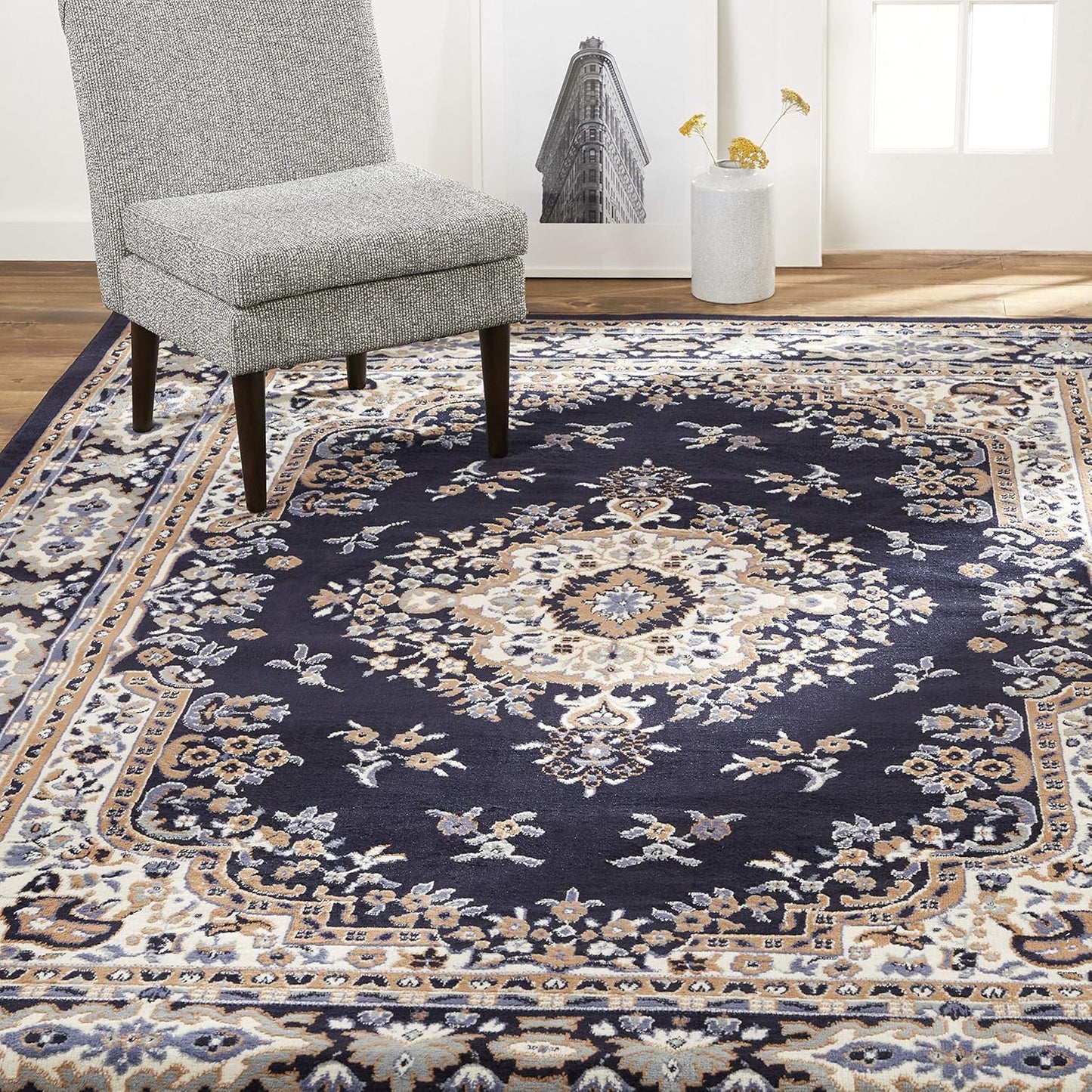 Premium Sakarya Traditional Medallion Area Rug in Navy Blue/Brown