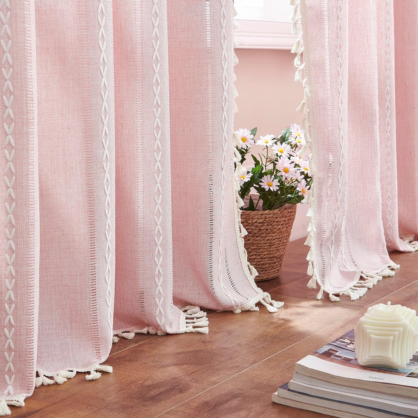 Linen Boho Pink Embroidered Curtains for Girls Bedroom & Nursery