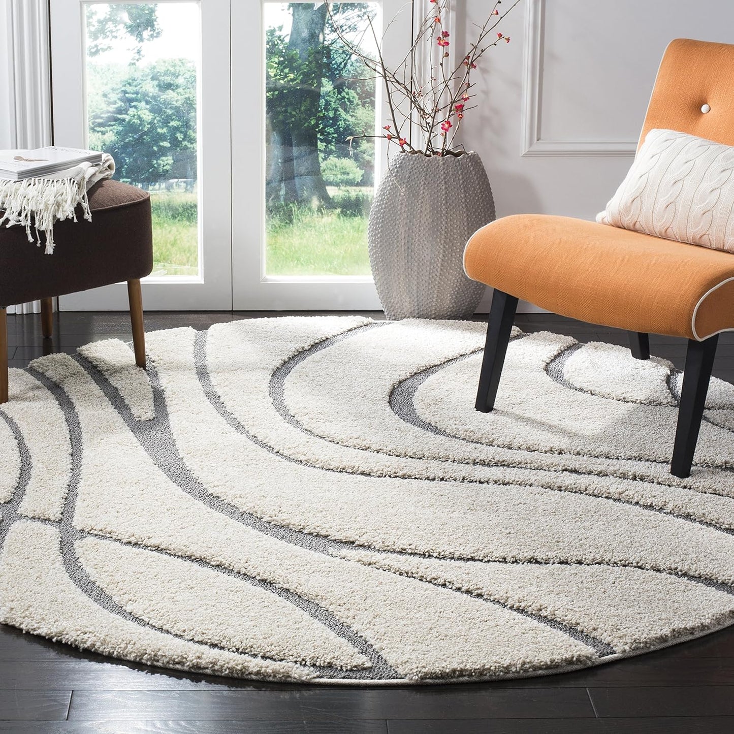 SAFAVIEH Florida Shag Collection 4ft Round Cream/Grey Area Rug