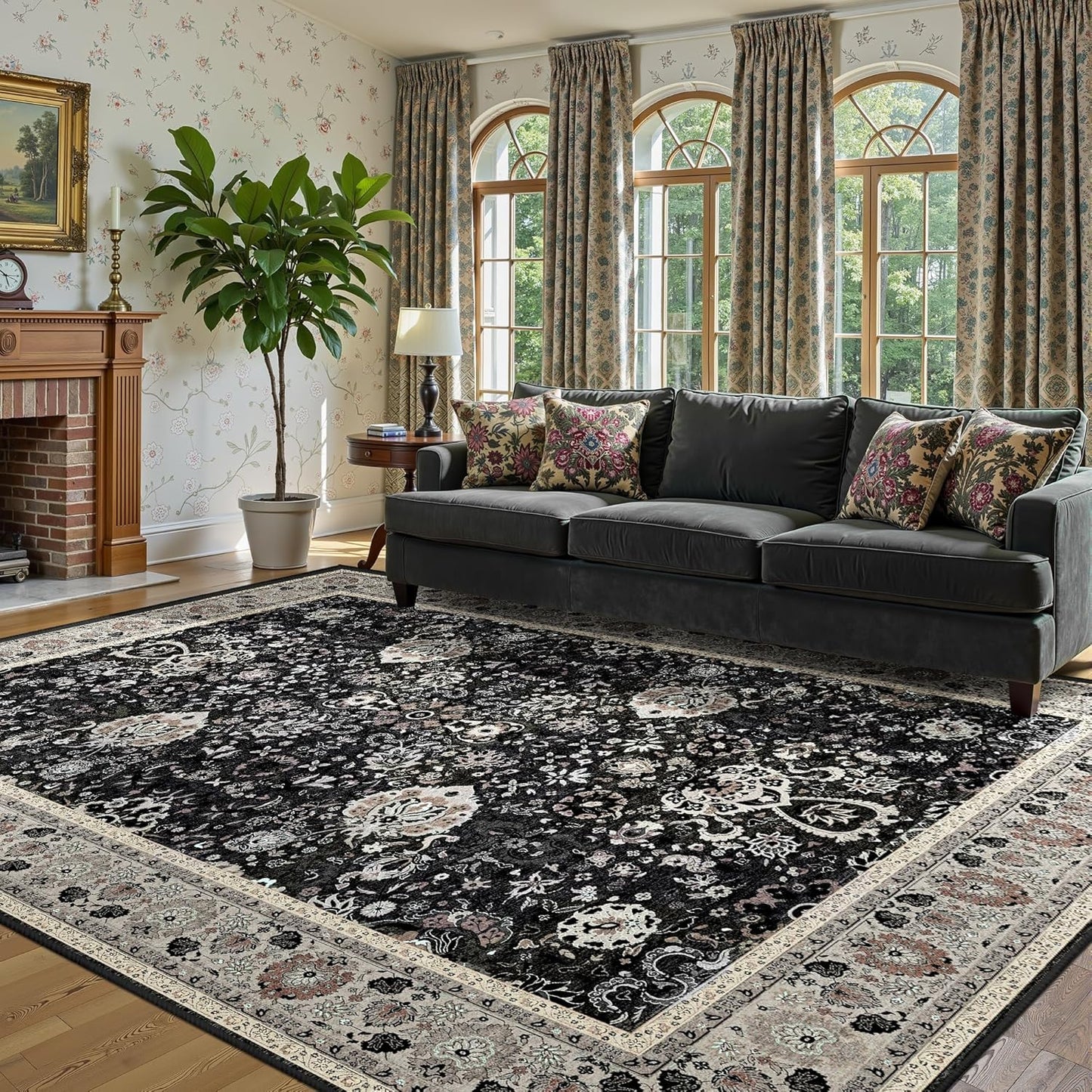 Blcak 8x10 Vintage Rugs for Living Room - Non Slip Large Area Rug