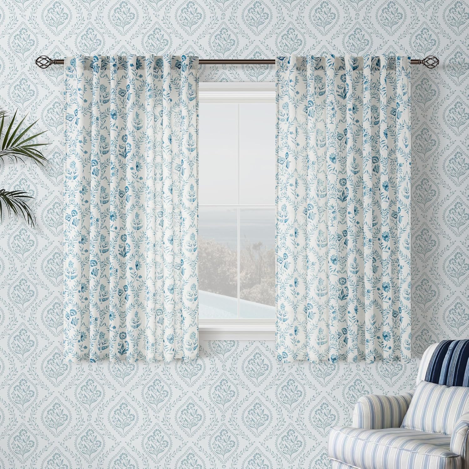 Blue Floral Short Curtains for Kitchen Dining Room Decor