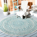 Courtyard 4 ft Round Outdoor Rug - Light Grey & Teal, Easy Care