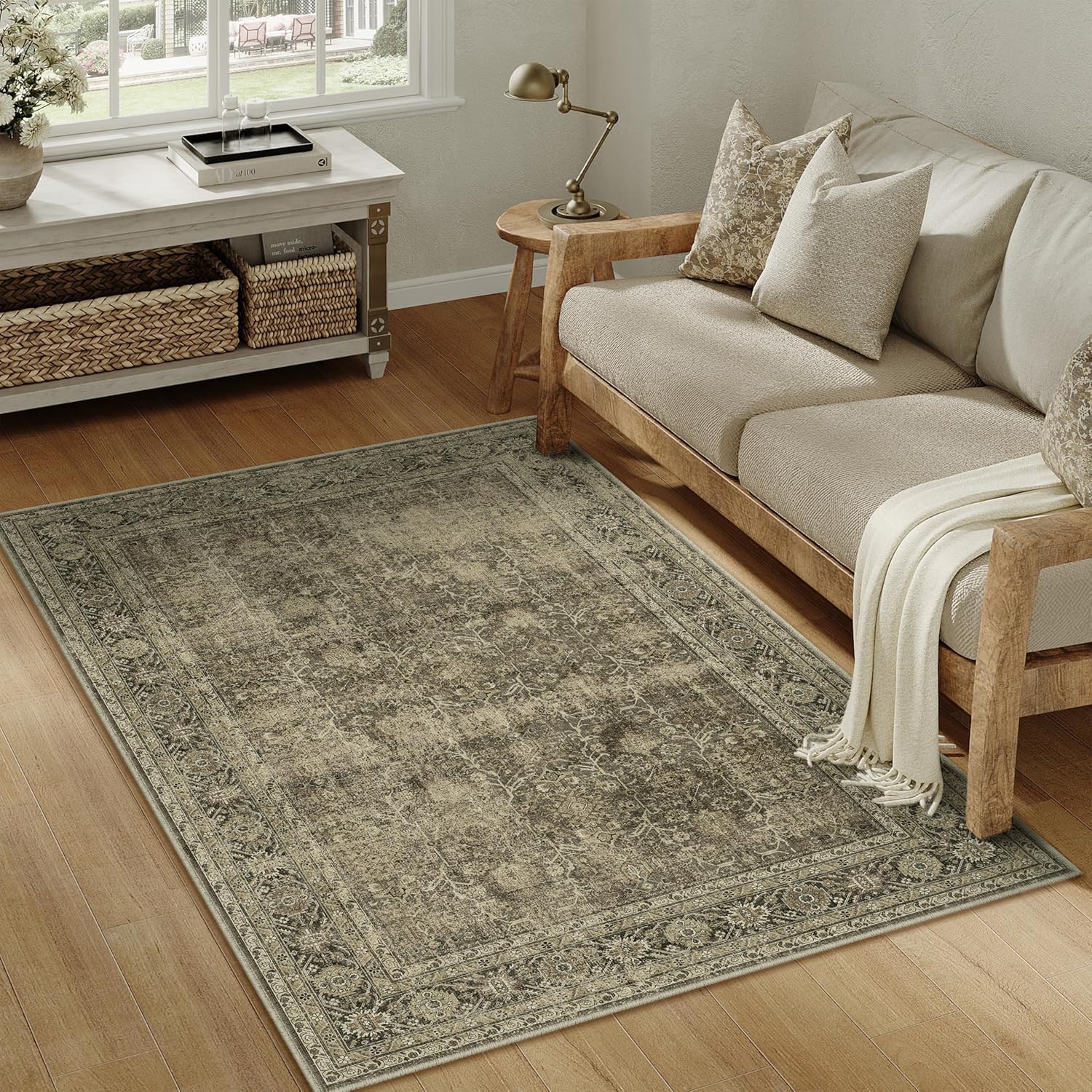 Vintage Area Rug 4x6 Light Brown for Living Room and Bedroom