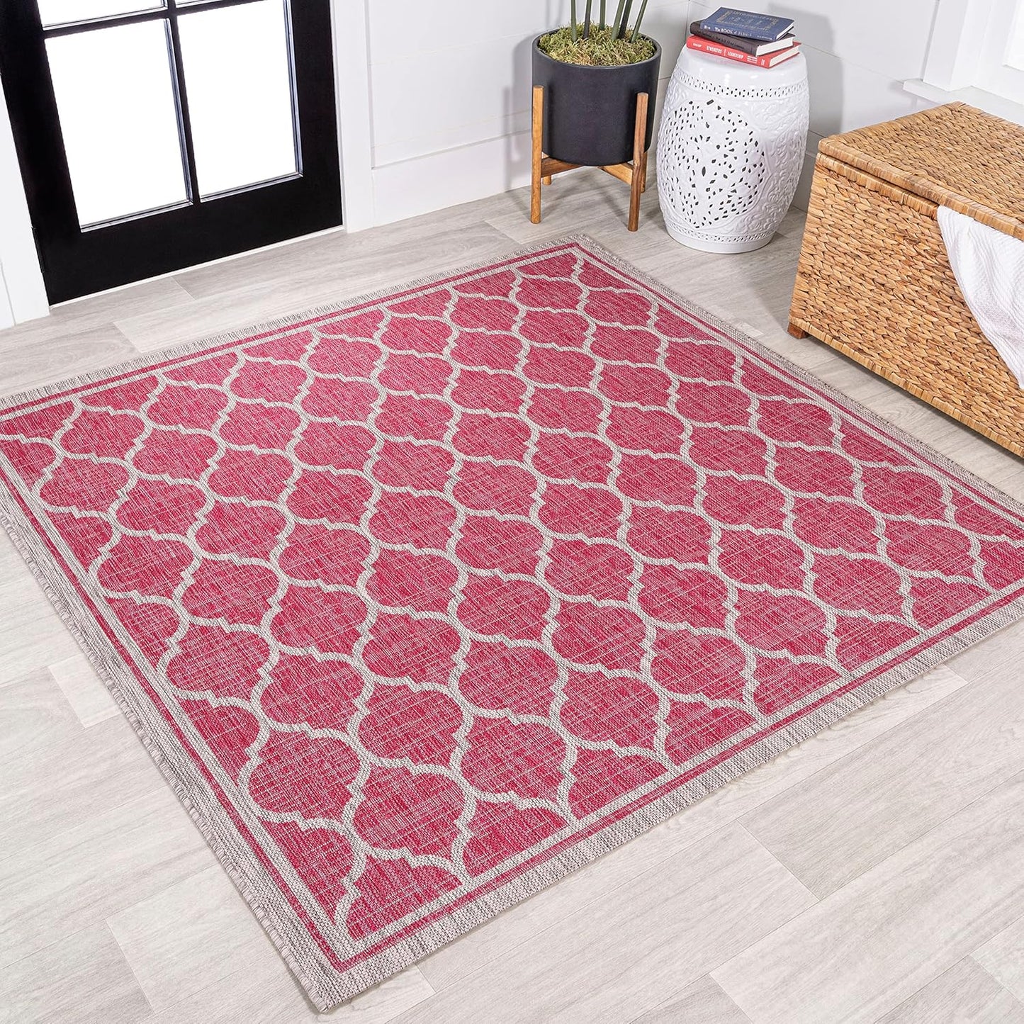Moroccan Trellis Indoor Outdoor Square Area Rug 5X5 Fuchsia Gray