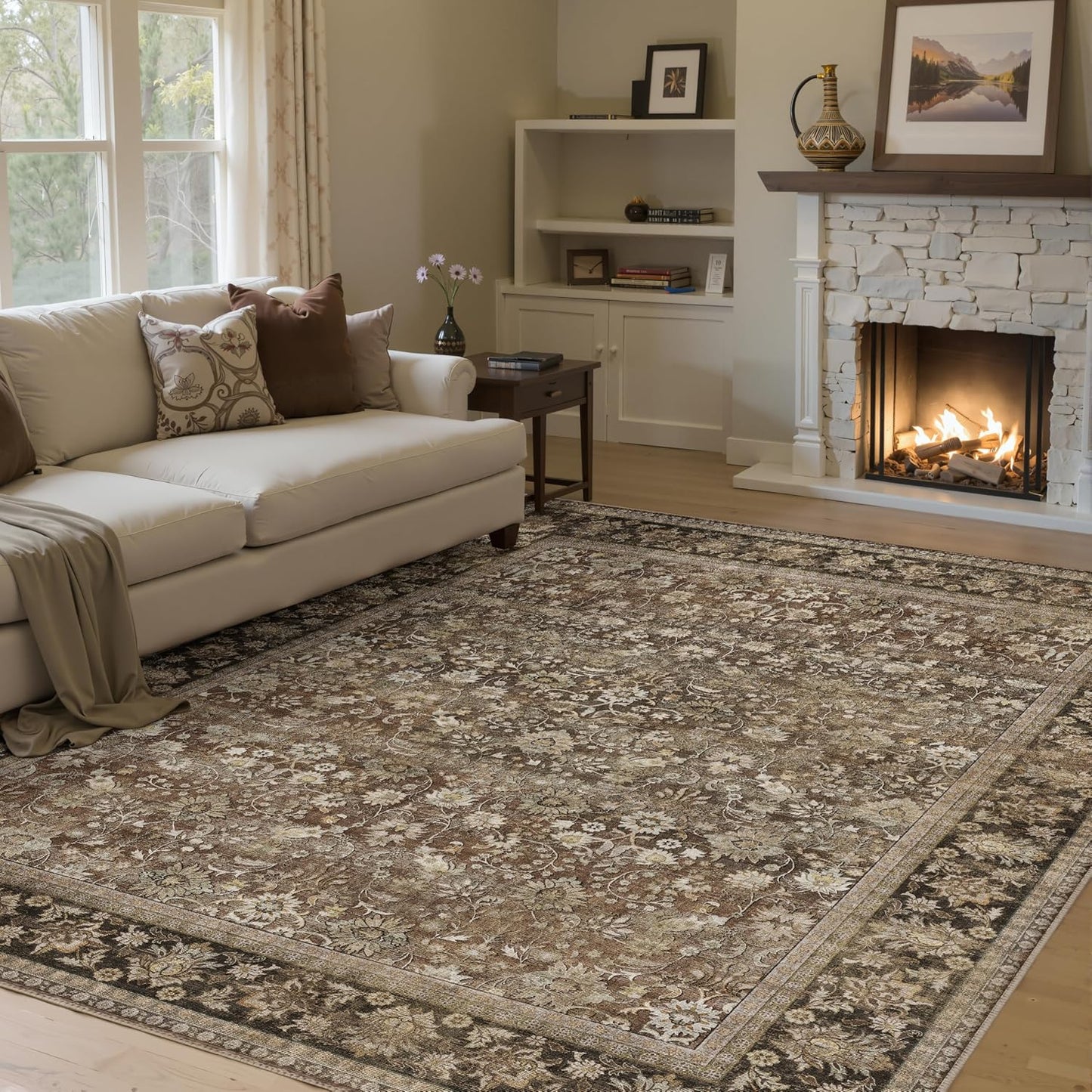 5x7 Machine Washable Rugs for Indoor Use with Floral Design
