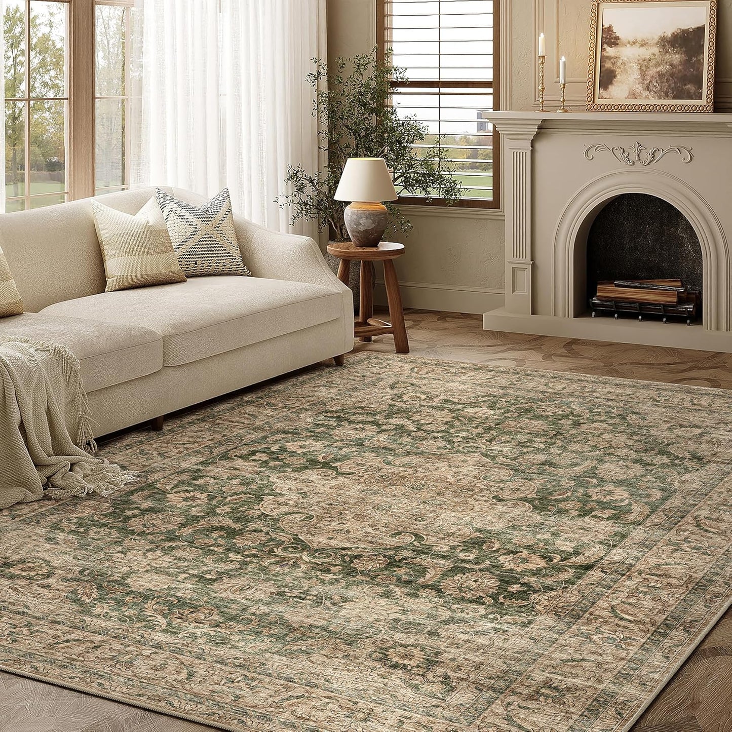 Soft Green Washable 5x7 Vintage Rug - Non-Slip & Stylish