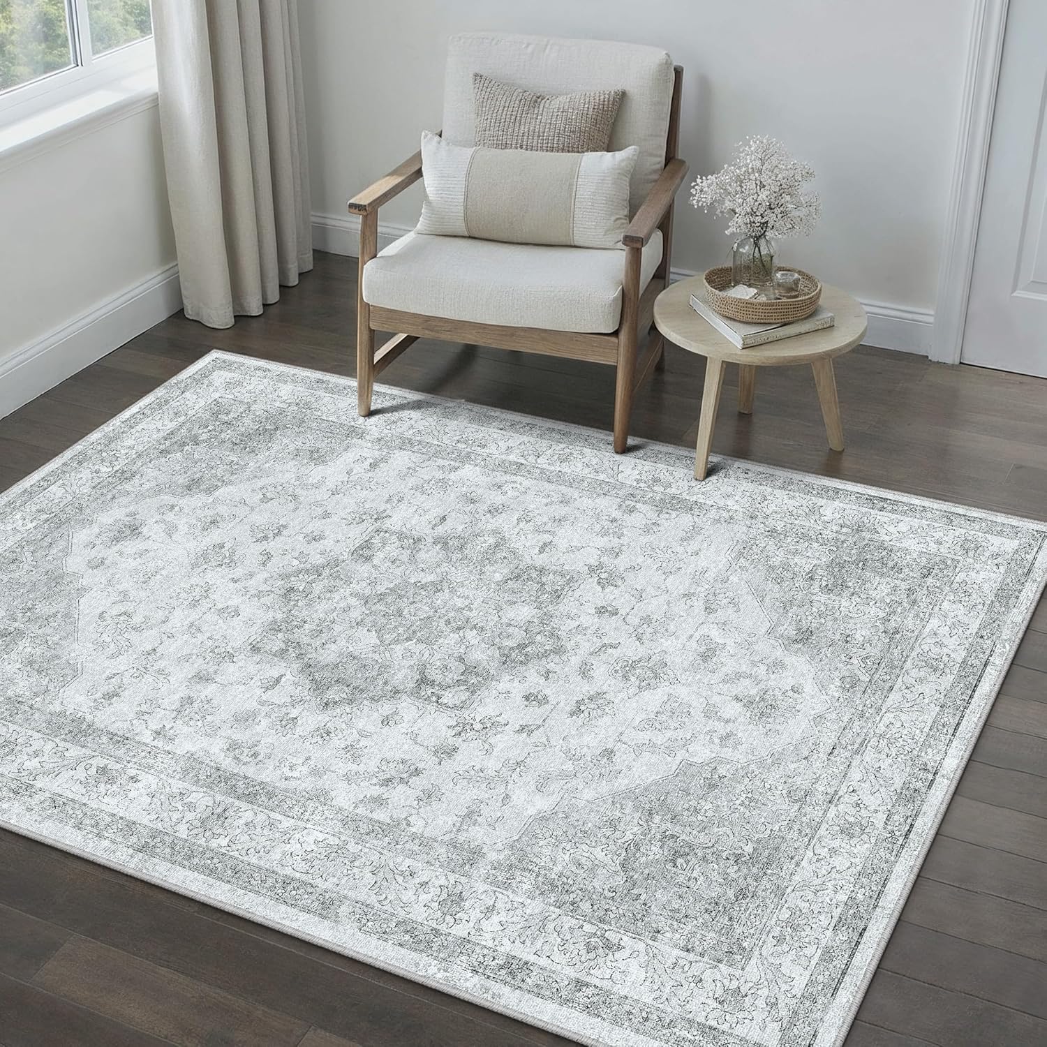 Grey Area Rug 4x6 Washable Vintage Carpet for Living Room