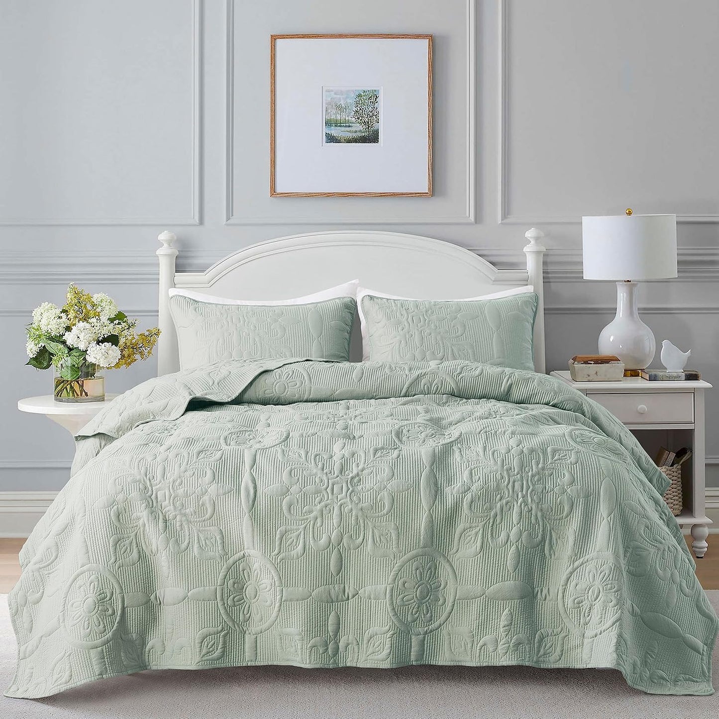 Sage Green Damask Quilt Set for California King Size Bedding
