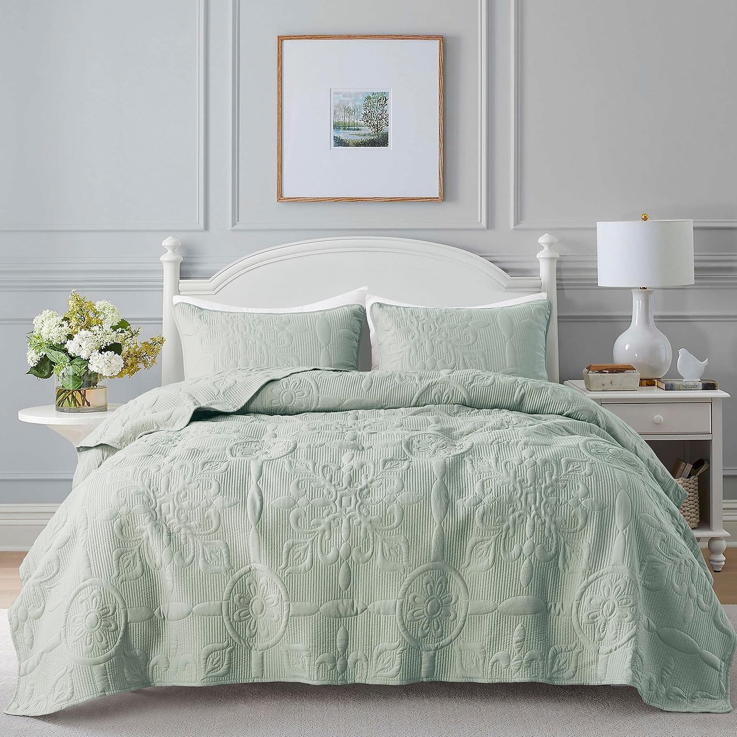 Sage Green Damask Quilt Set for California King Size Bedding