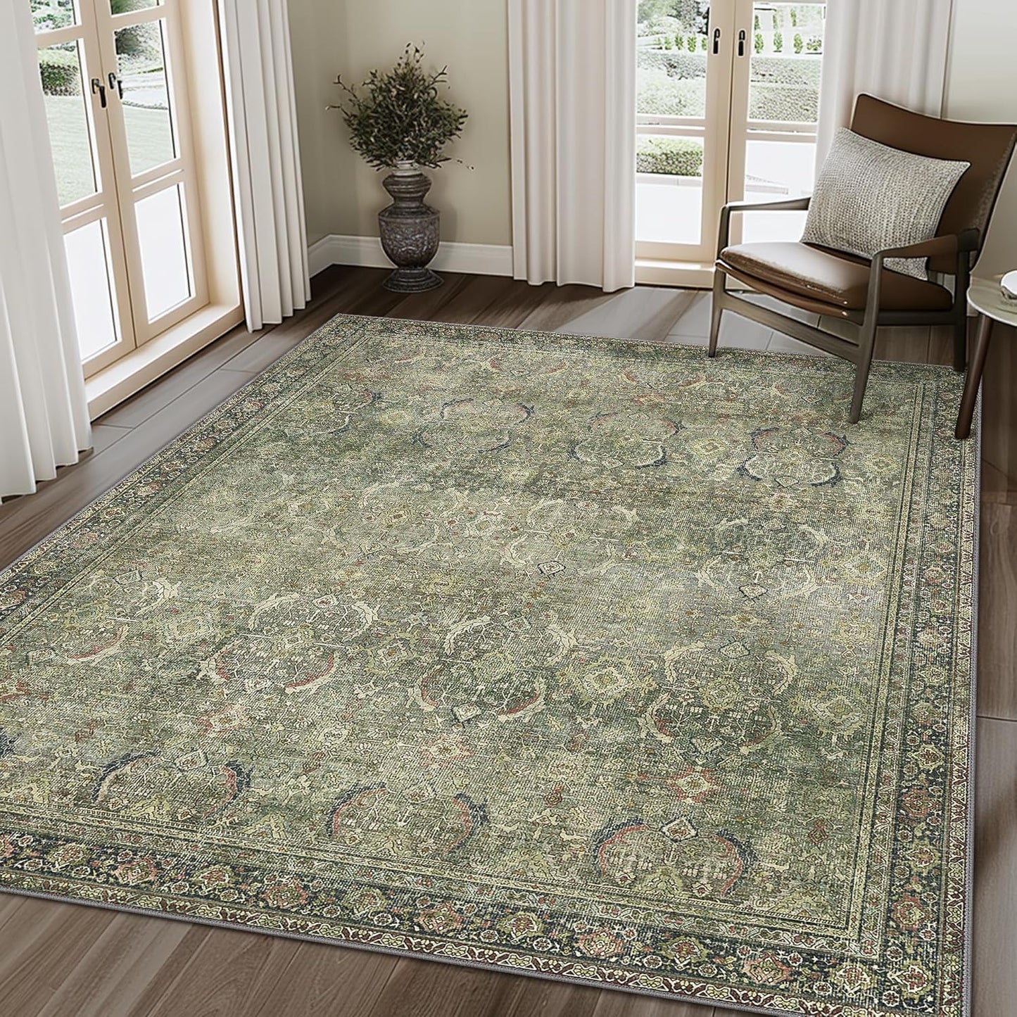 8X10 Area Rugs Machine Washable Vintage Boho Soft Green Rug
