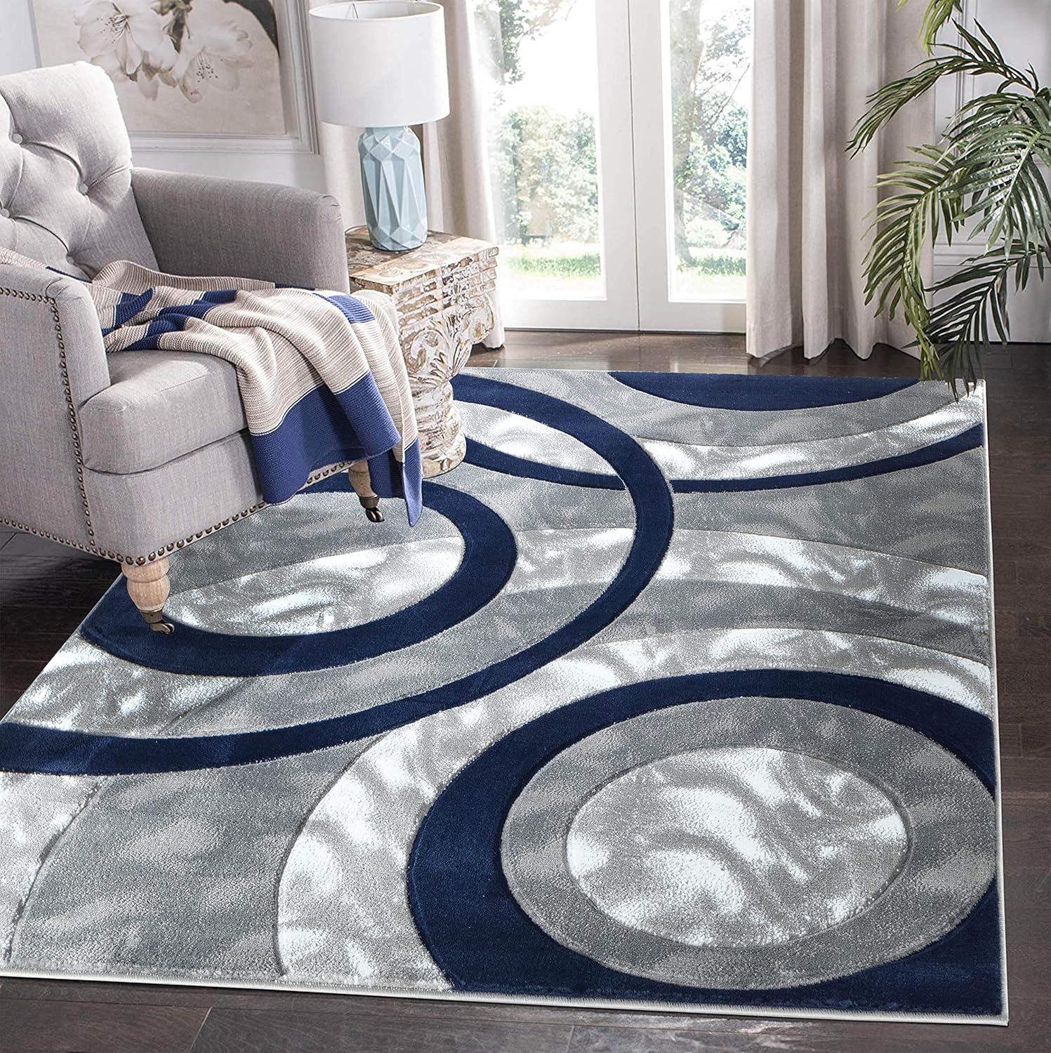 Modern 4x6 Navy Circles Area Rug for Living Room and Bedroom