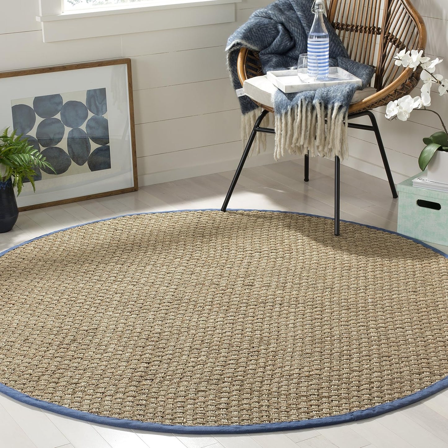 Natural Fiber Area Rug 6ft Round - Seagrass & Navy Basketweave