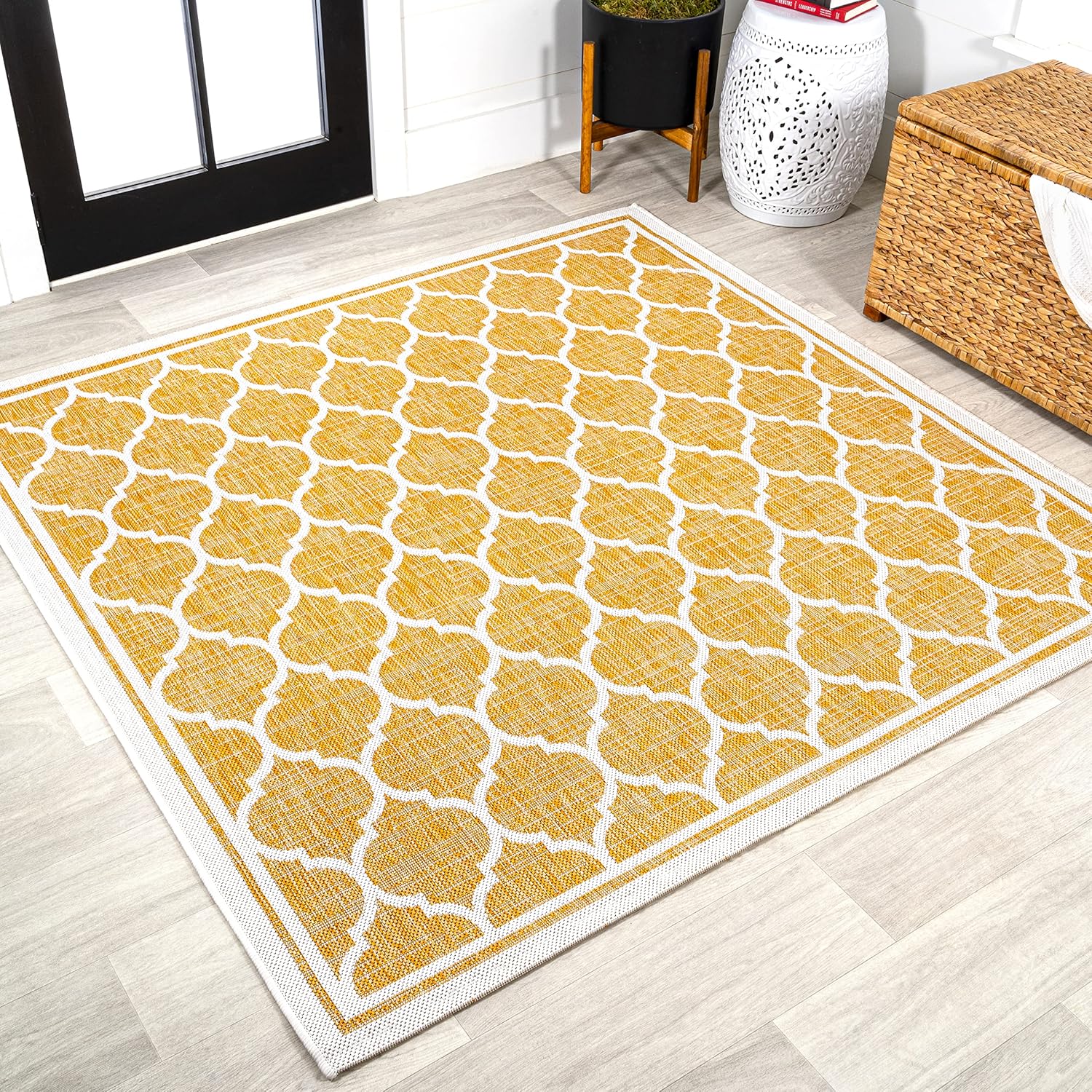Moroccan Trellis Indoor Outdoor Square Area Rug 5X5 Yellow/Cream