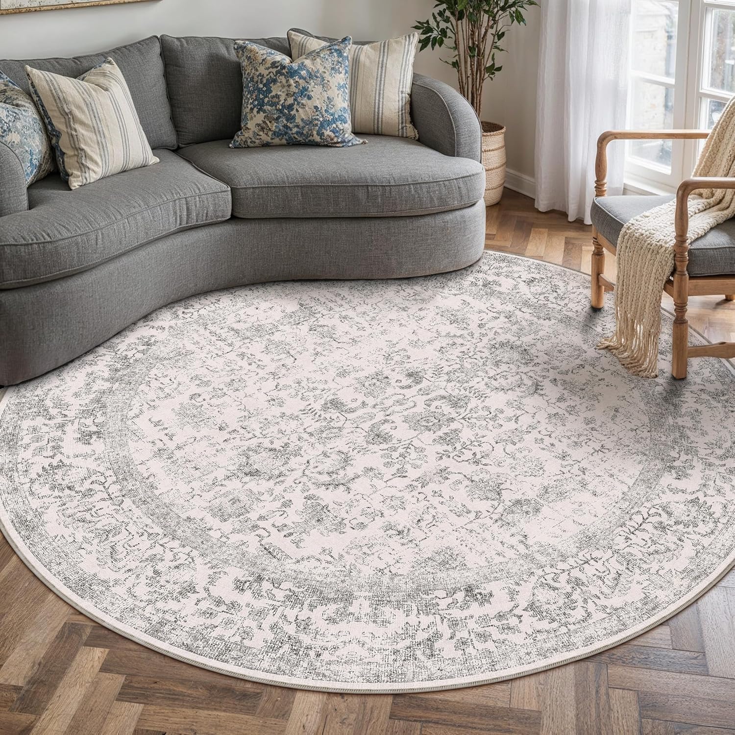 Grey Round Area Rug 5ft Vintage Carpet for Indoor Spaces