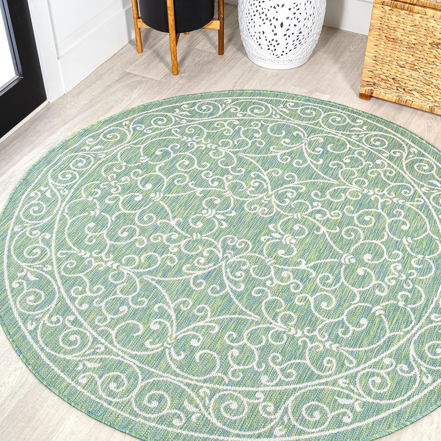 Vintage Filigree Indoor Outdoor Round Area Rug 5 Ft Green/Ivory