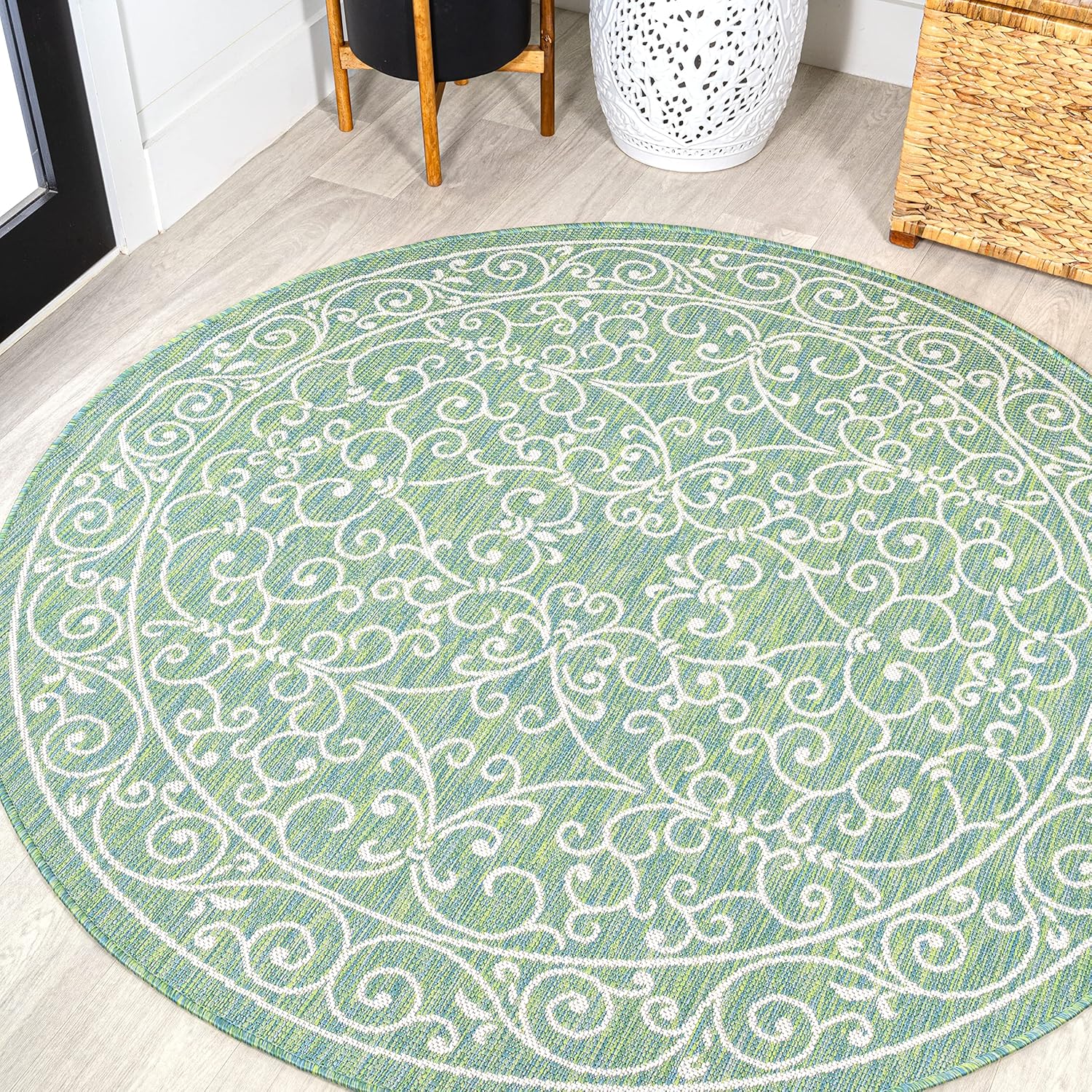 Vintage Filigree Indoor Outdoor Round Area Rug 5 Ft Green/Ivory