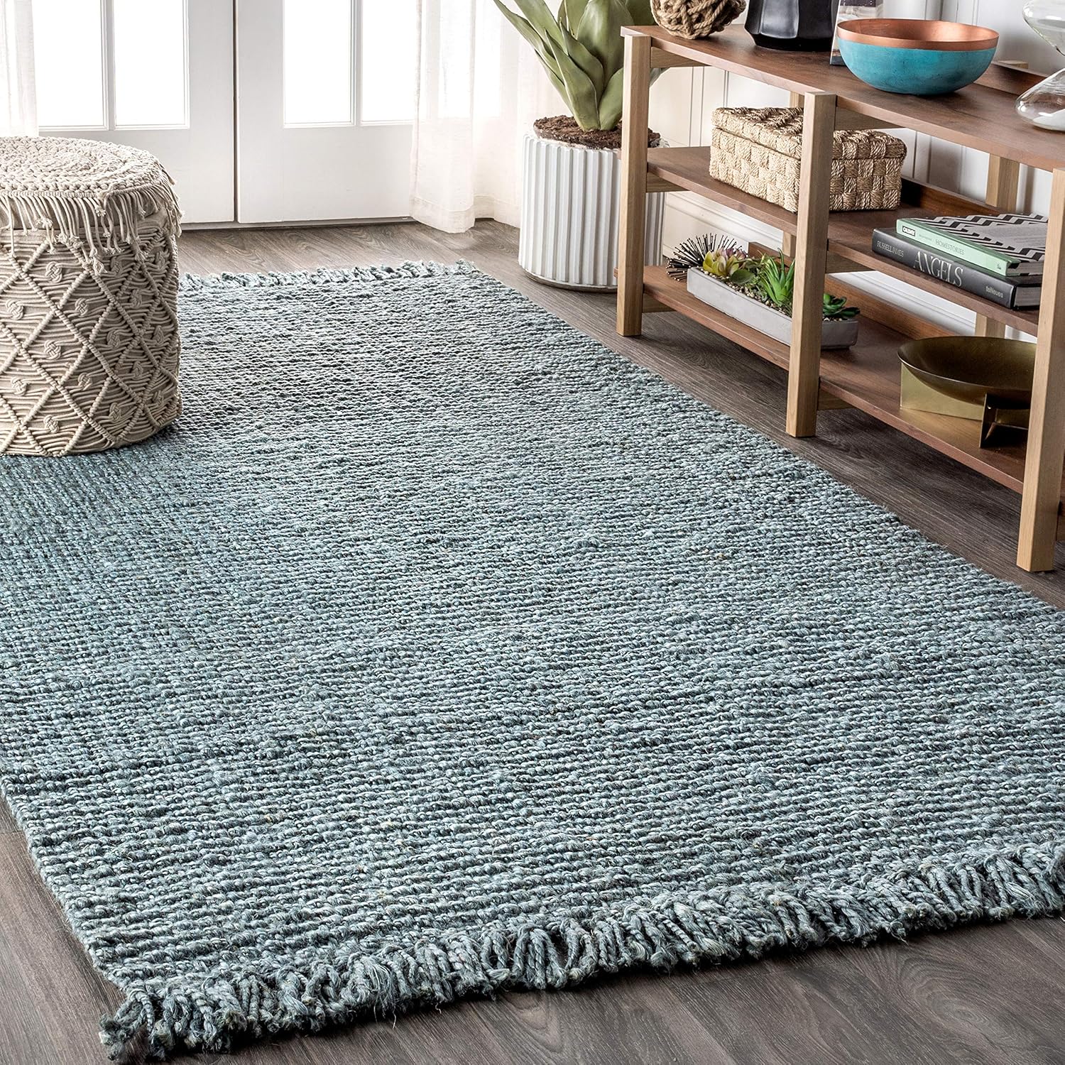 Handwoven Jute Fringe Light Blue/Gray Indoor Area Rug, 12x18