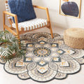 6 ft Round Wool Area Rug Beige Navy - Handmade Flower Design