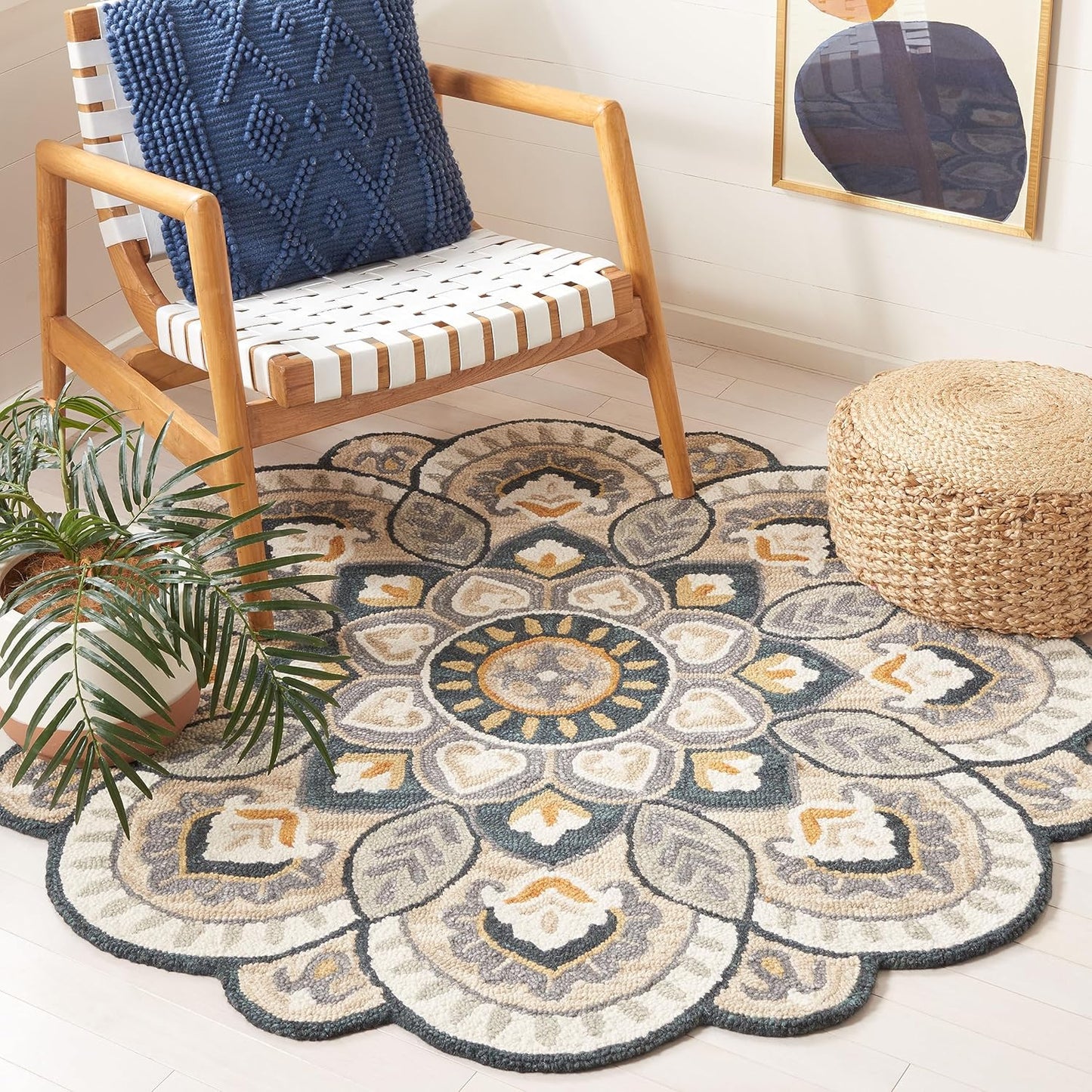 Handmade Wool Area Rug - 6ft Round Flower Design for Any Room