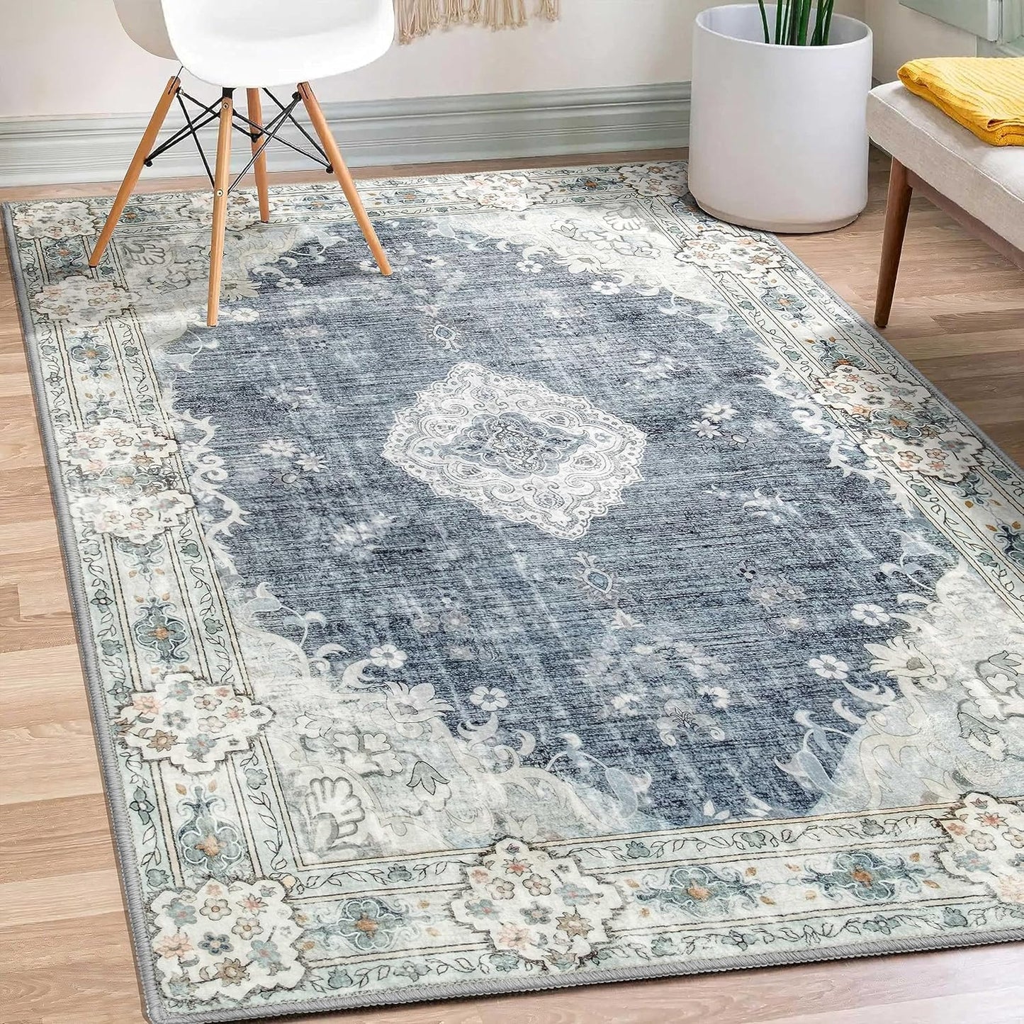 MUJOO Boho Rug 3ftx5ft Blue Grey Non Slip Area Rug for Home
