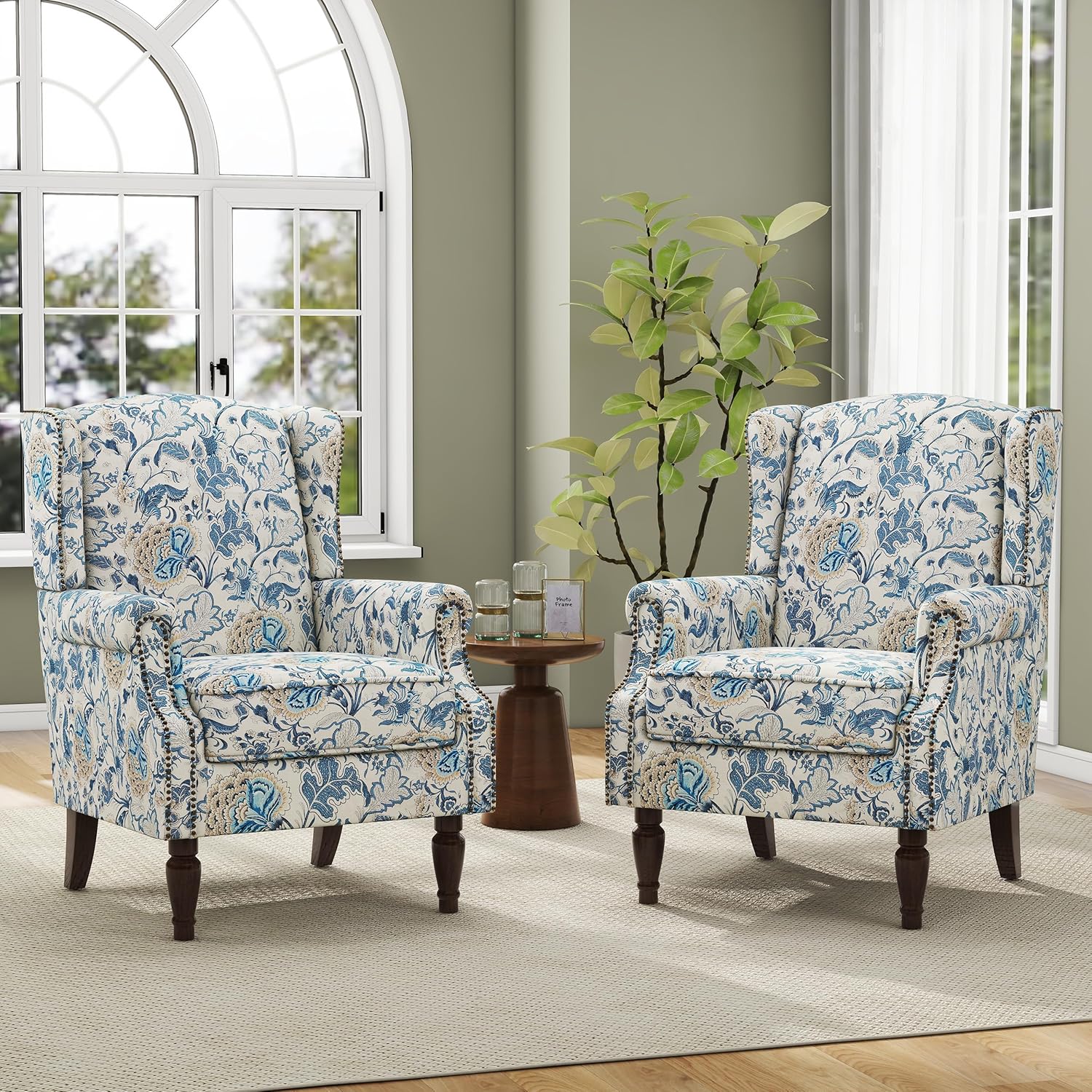 Boho Blue Floral Wingback Chairs - Cozy Elegance