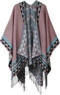 Women's Printed Tassel Poncho Cape Wrap Shawl - Cozy Reversible Style
