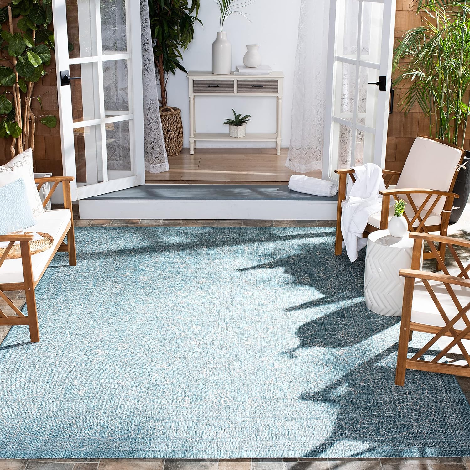 SAFAVIEH Courtyard Collection 8ft x 11ft Aqua/Grey Area Mat