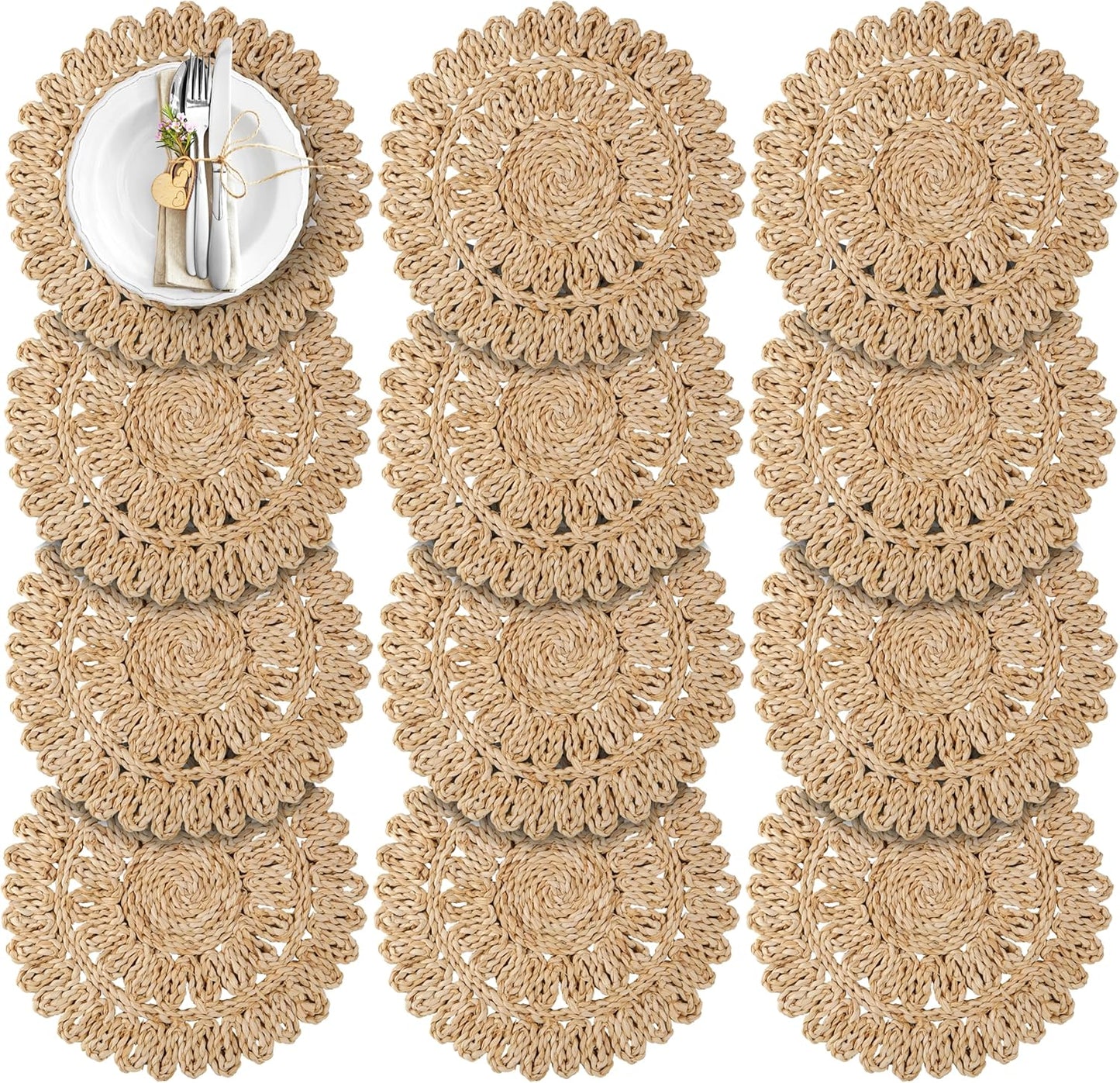 Natural Corn Husk Woven Round Placemats Set of 12 for Dining