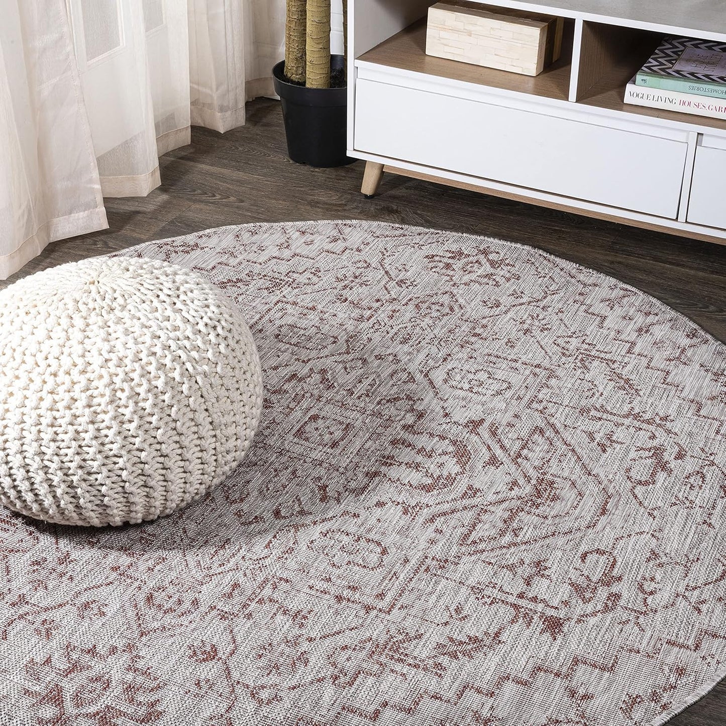 Boho Medallion Indoor Outdoor Round Area Rug 5 Ft Red/Taupe