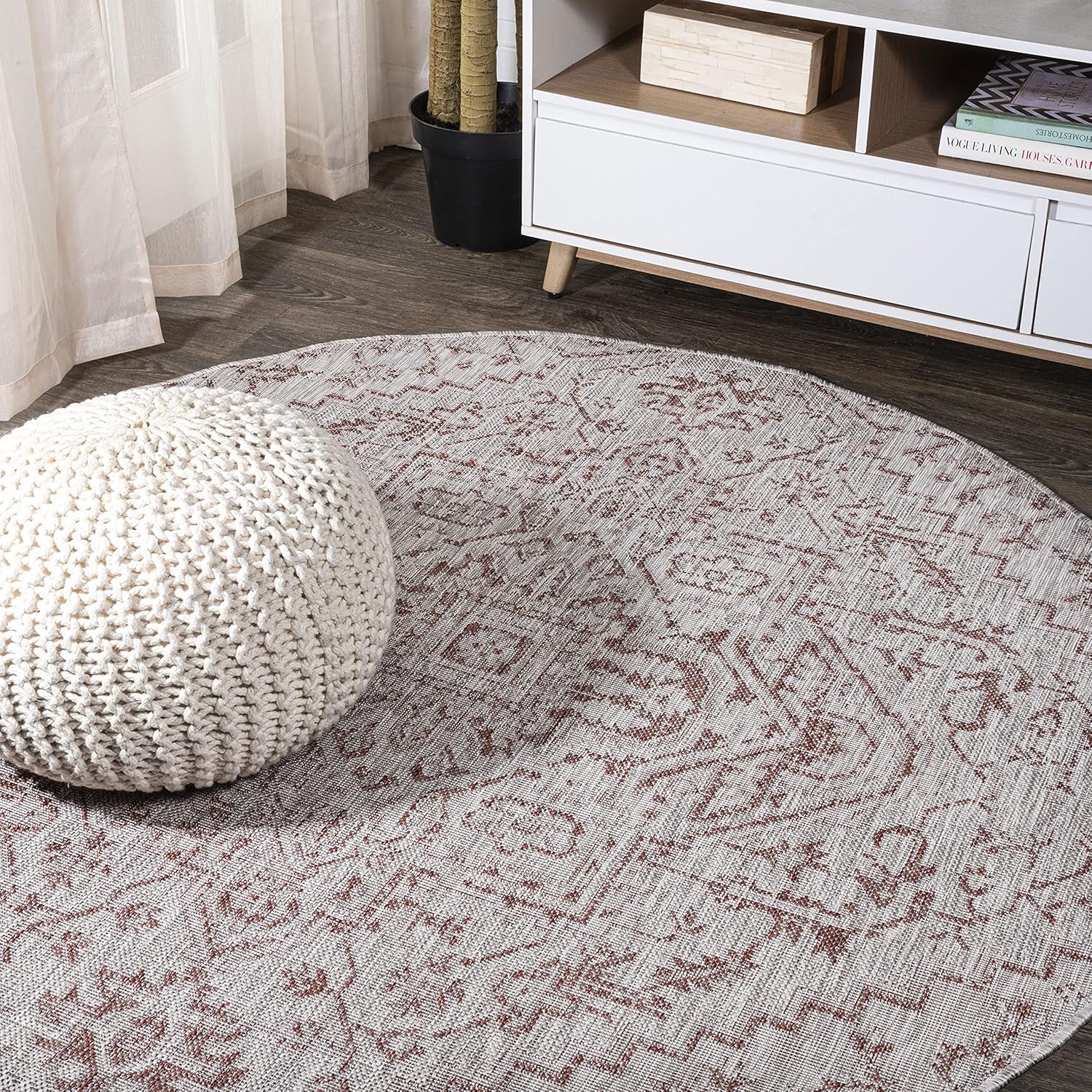 Boho Medallion Indoor Outdoor Round Area Rug 5 Ft Red/Taupe