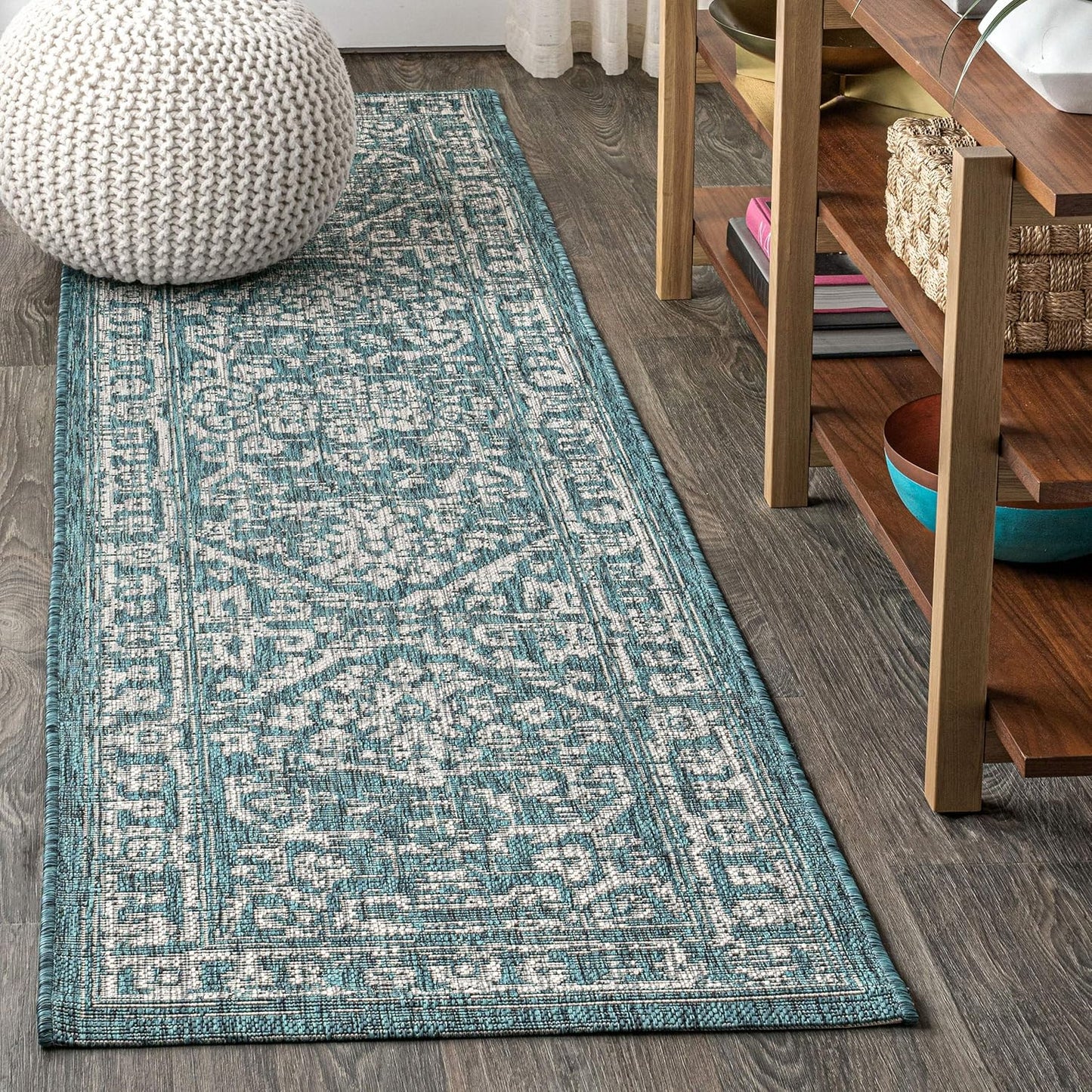 Boho Medallion Indoor Outdoor Runner Rug 2X10 Teal/Gray